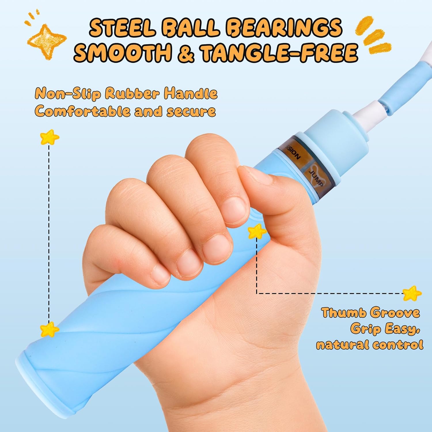 YUEDONG Adjustable ULTRA-SOFT Beaded Jump Rope for Kids Beginners - Tangle-Free Skipping Rope with Marshmallow-Soft TPU Beads, Ergonomic Thumb Groove Anti-Slip Handles, Crisp Rhythmic Click Sound & Waterproof Name Tag Sticker for Safe Fun Exercise