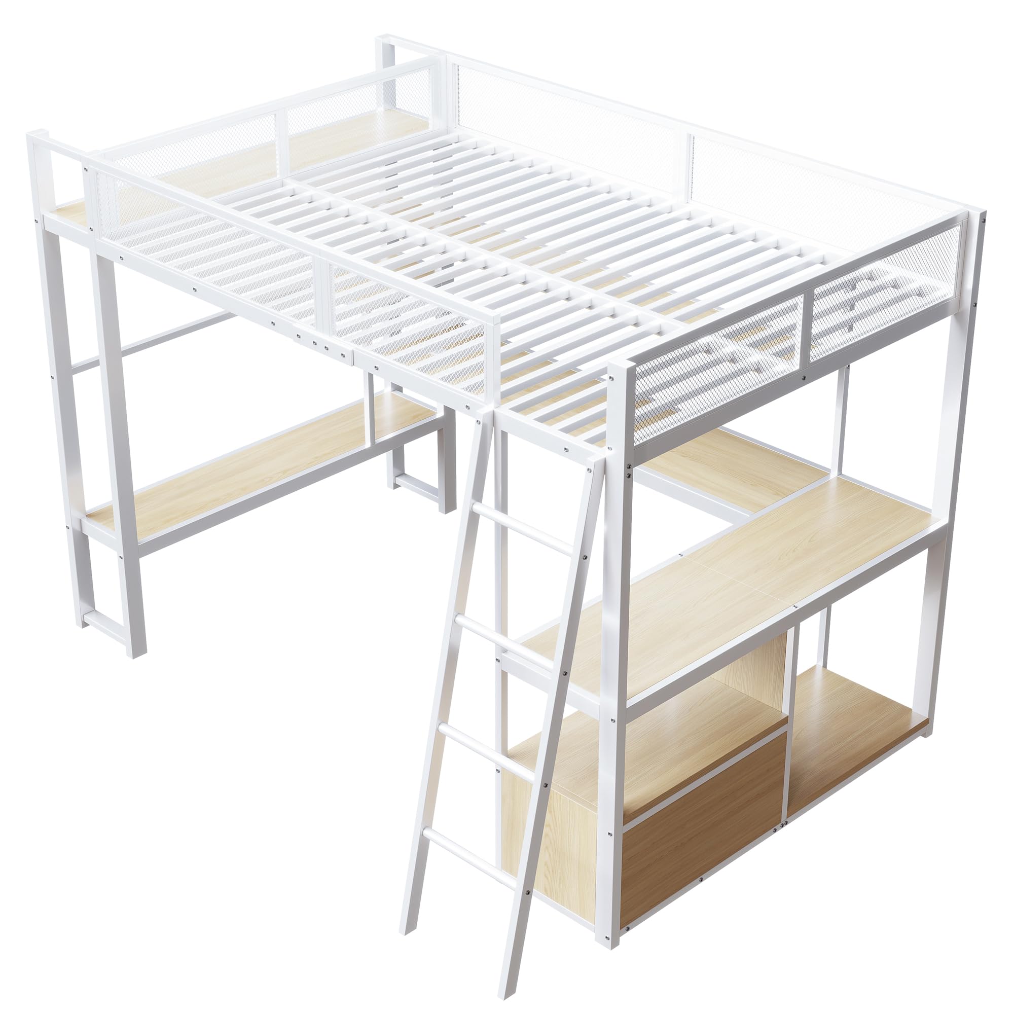 Letto a soppalco Gaming 140x200cm con spazio di lavoro integrato ,metallo letto a castello matrimoniale con illuminazione a LED e spazio di archiviazione,struttura letto140x200 per ado/ragazzi,Bianco