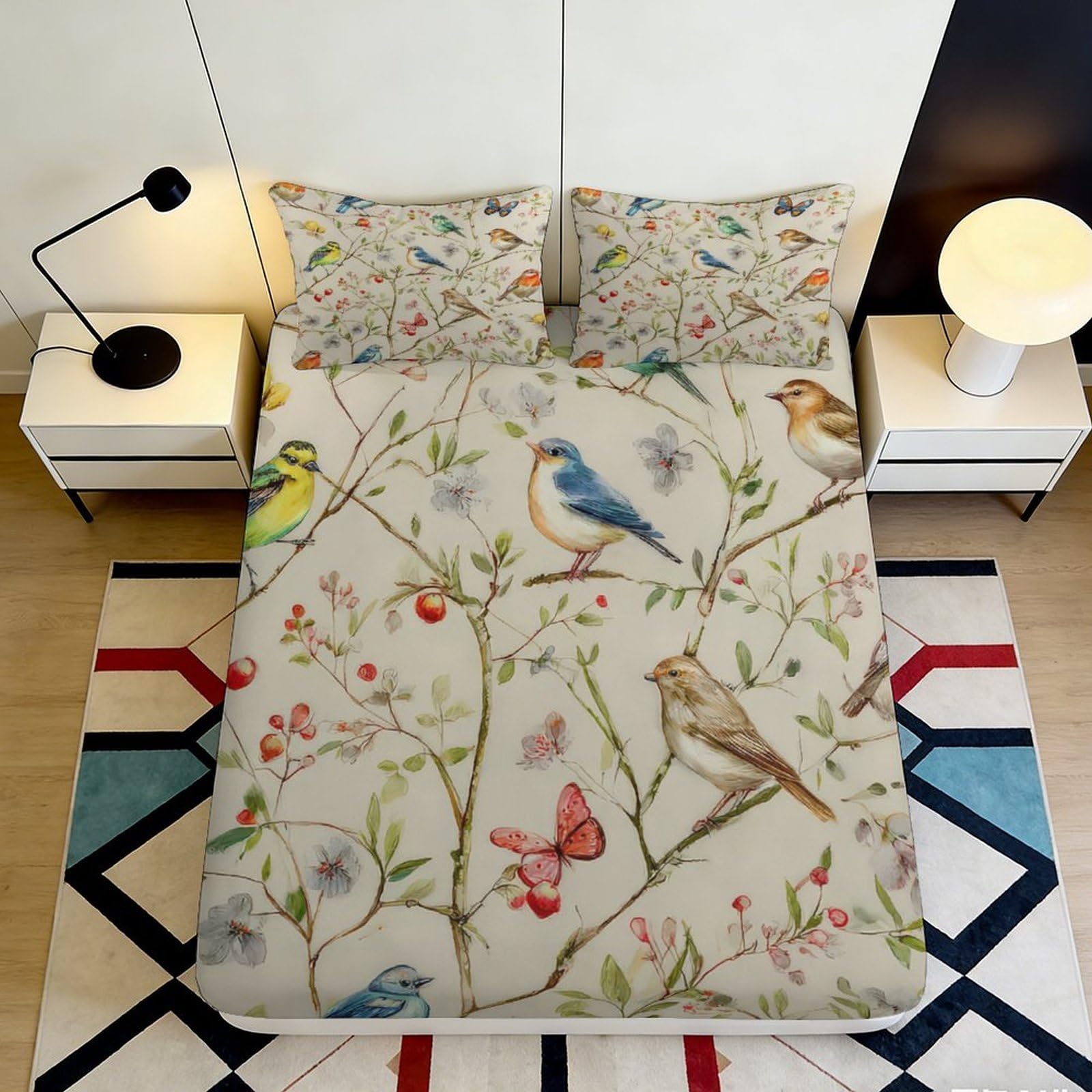 3D Printed Colorful Birds Fitted Sheet Microfiber Soft Floral Butterfly Mattress Cover for Bedroom Guestroom Decor 90x200x25cm
