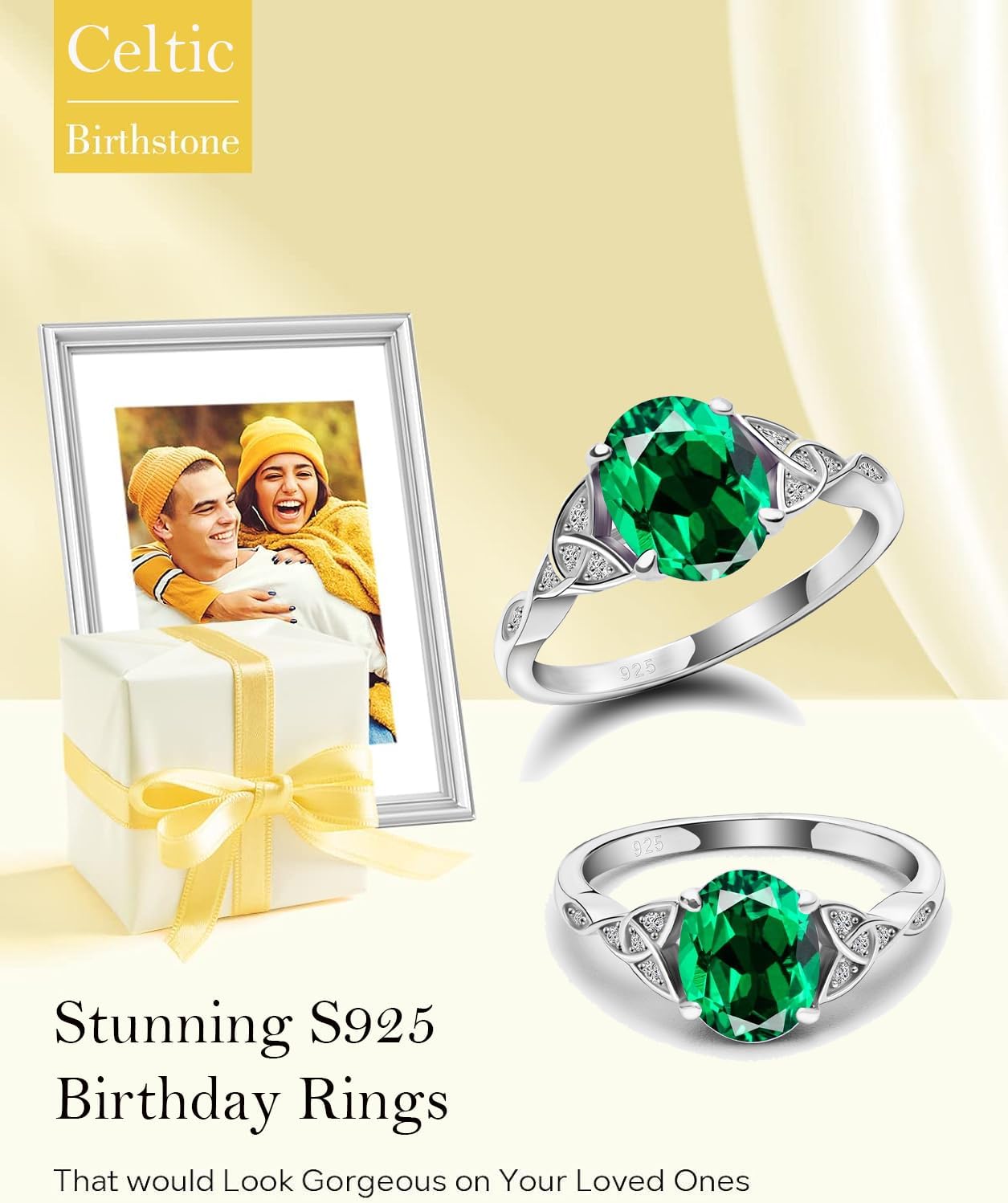 Celtic Birthstone Rings for Women 925 Sterling Silver Celtic Knot Moss Agate Ring Engagement Rings for Her Wife Birthday Anniversary Wedding Jewelry