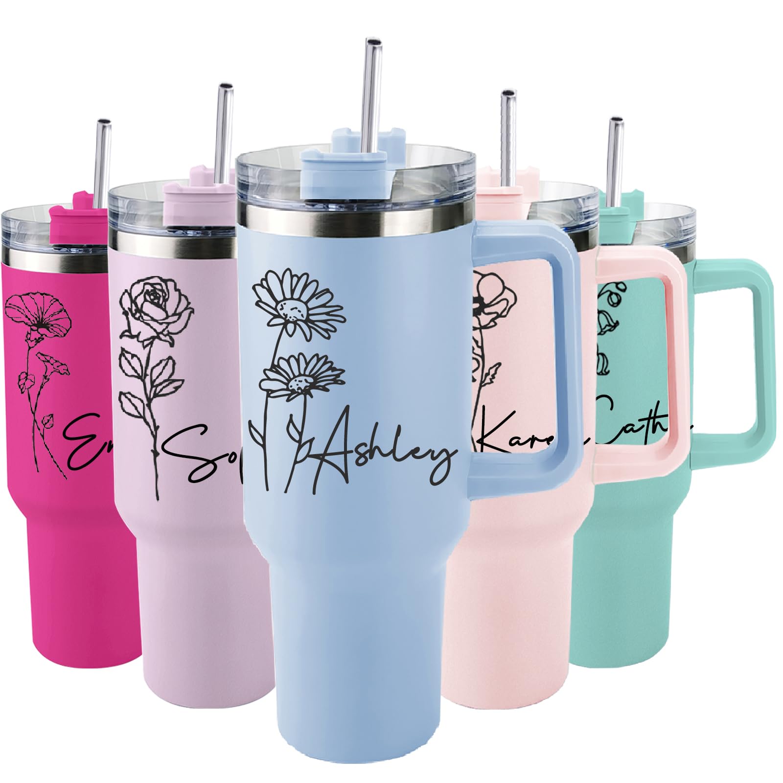 Ships Next Day,Birth Flower 40 Oz Tumbler with Handle and Straw, Personalized Tumbler with Name Insulated Cup Reusable Stainless Steel Water Bottle Travel Mug Mother Birthday Gifts for Women