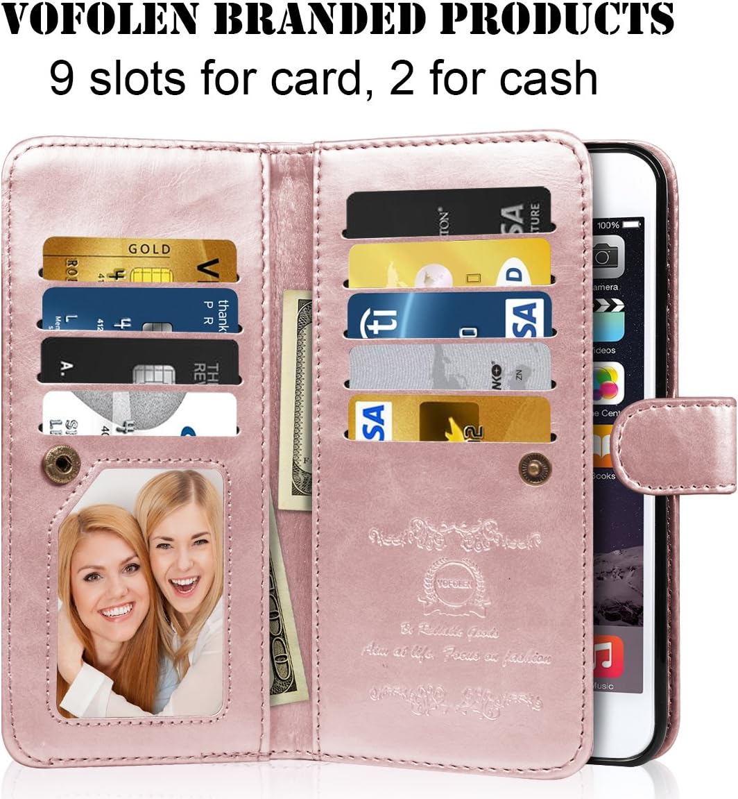 Vofolen for iPhone 6S Case Wallet, iPhone 6 Case Card Holder Folio Flip PU Leather Case Magnetic Detachable Slim Back Cover Hard Case Card Holder Slot Pocket Wrist Strap for iPhone 6 6S Rose Gold