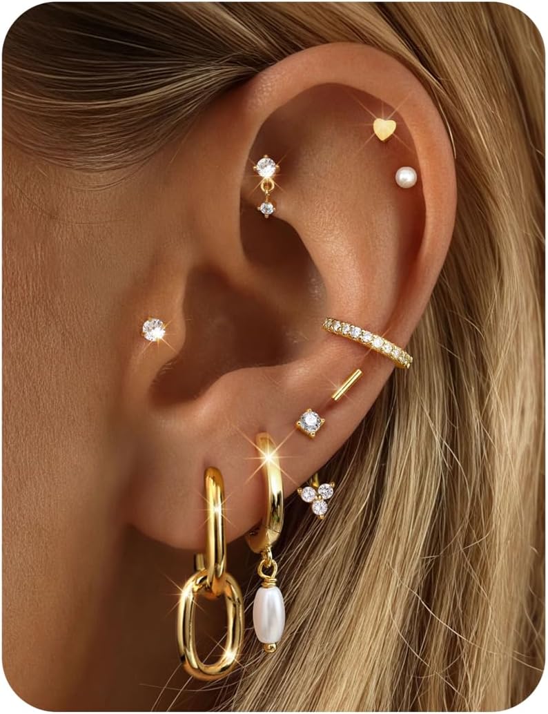 FIBO STEEL Small Stud Hoop Earrings for Women - 9 Pairs Hypoallergenic 14K Gold Plated Cartilage Earrings for Women Trendy Flat Back Earring Stacks Huggie Earring Sets for Multiple Piercing Jewelry Gifts