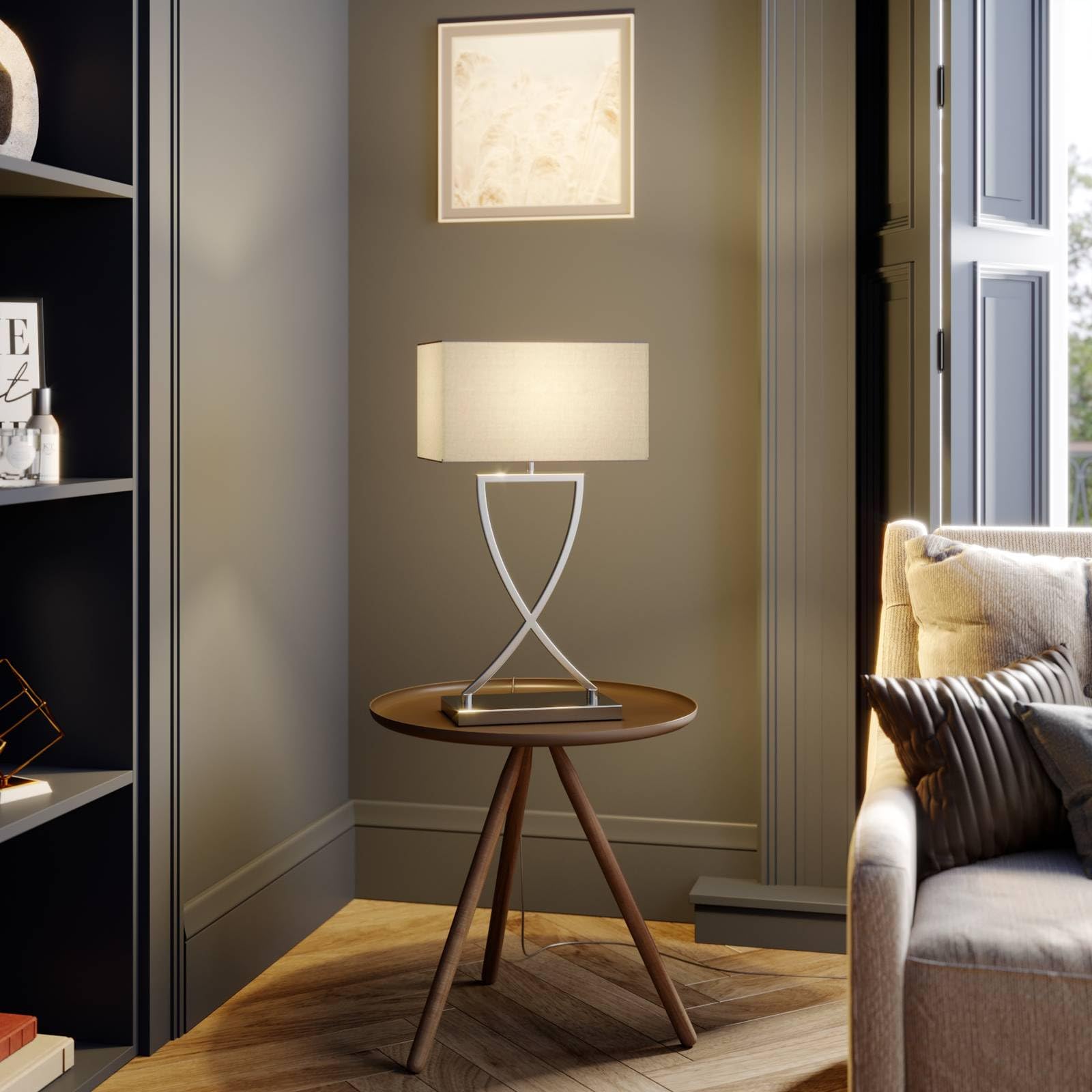 Lucande Tischlampe, Tischleuchte Stoffschirm weiß Nachttischlampe Stoffschirmlampe 1x E27 max. 60W ohne Leuchtmittel Schlafzimmerlampe