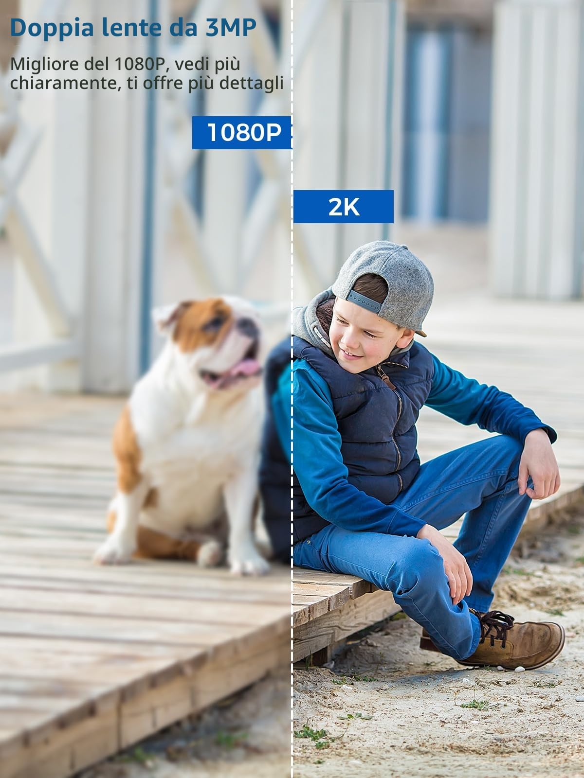 Reobiux 3K Telecamera Wi-Fi Esterno con Doppia Lente, Videocamera Sorveglianza Esterno con Visione Notturna a Colori, Rilevamento Umano, Audio Bidirezionale, Allarme Sonoro e Luminoso, IP66