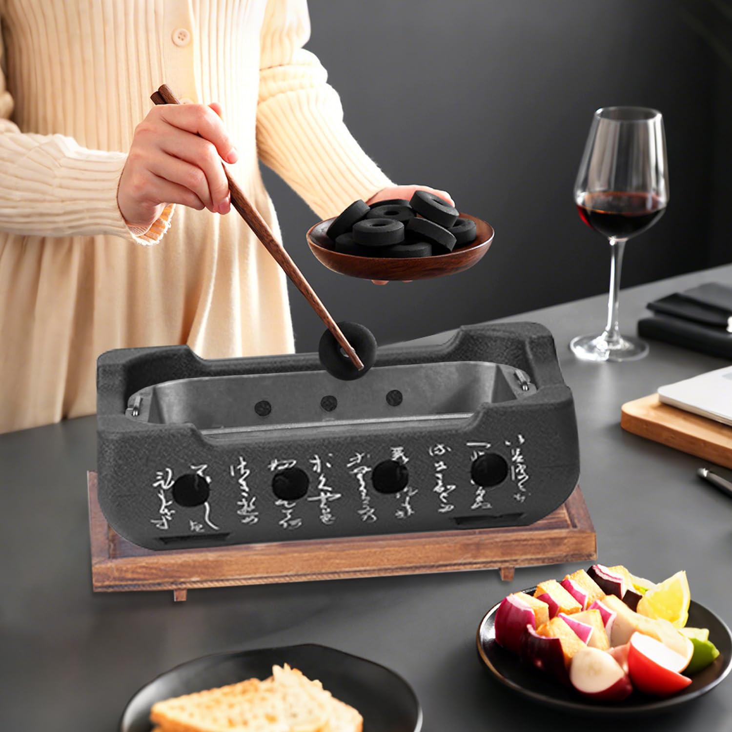 Tissting Barbacoa Japonesa de Mesa 36 x 18 x 13 cm – Mini Parrilla de Carbón Portátil con Rejilla y Base de Madera, Horno de Carbón para Yakiniku y Takoyaki