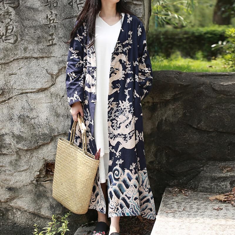 LUZU JUNU Women's Double Layer Cotton and Linen Elegant Long Trench Coat Chinese Style Jacket with Dragon Print - Image 7