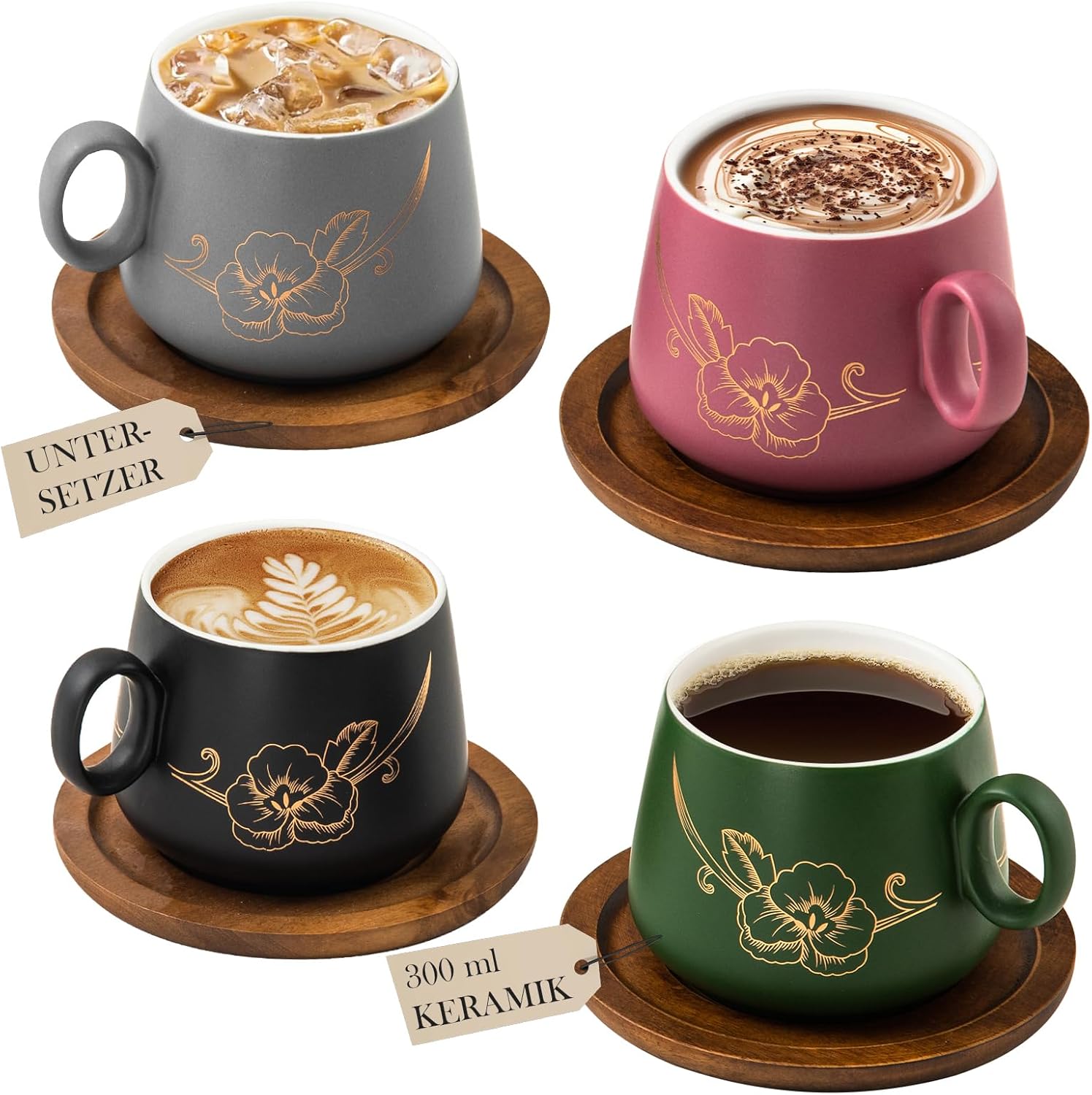 Yundu 10oz Cappuccino Cups & Wooden Saucers Set with Gold Floral Art, Latte Art Cup for Espresso, Coffee & Tea, Modern Matte Ceramic Tea Cup Set of 4