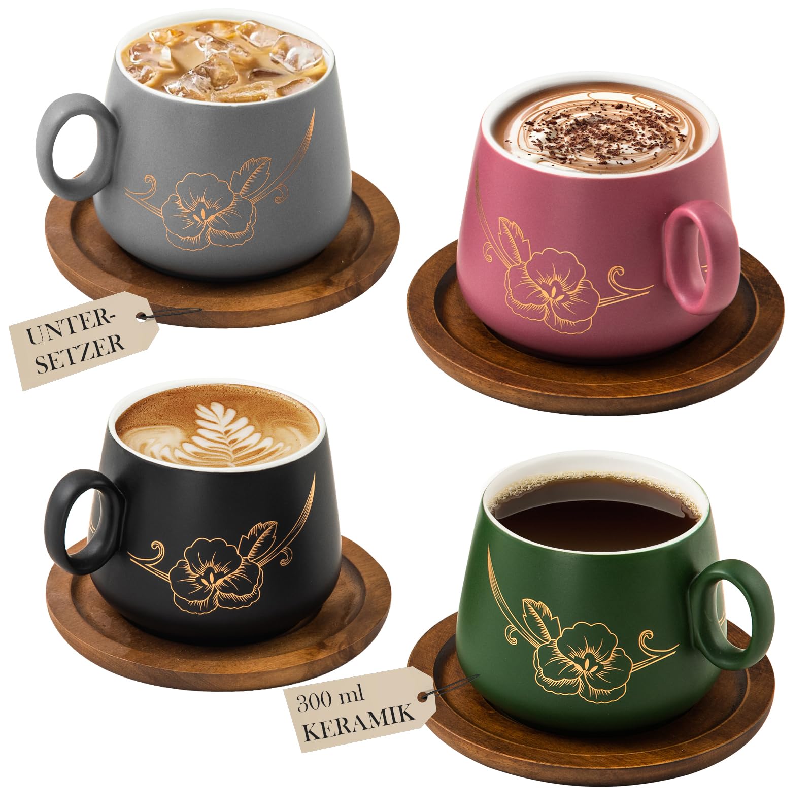 Yundu Matt-Keramik Cappuccino Tassen Set 4er-Set – 300ml Cappuccino Tassen mit Holzuntersetzern & Goldblumen-Design, Kaffeetassen Set mit Untertasse für Latte Art, Espressotassen, Tee