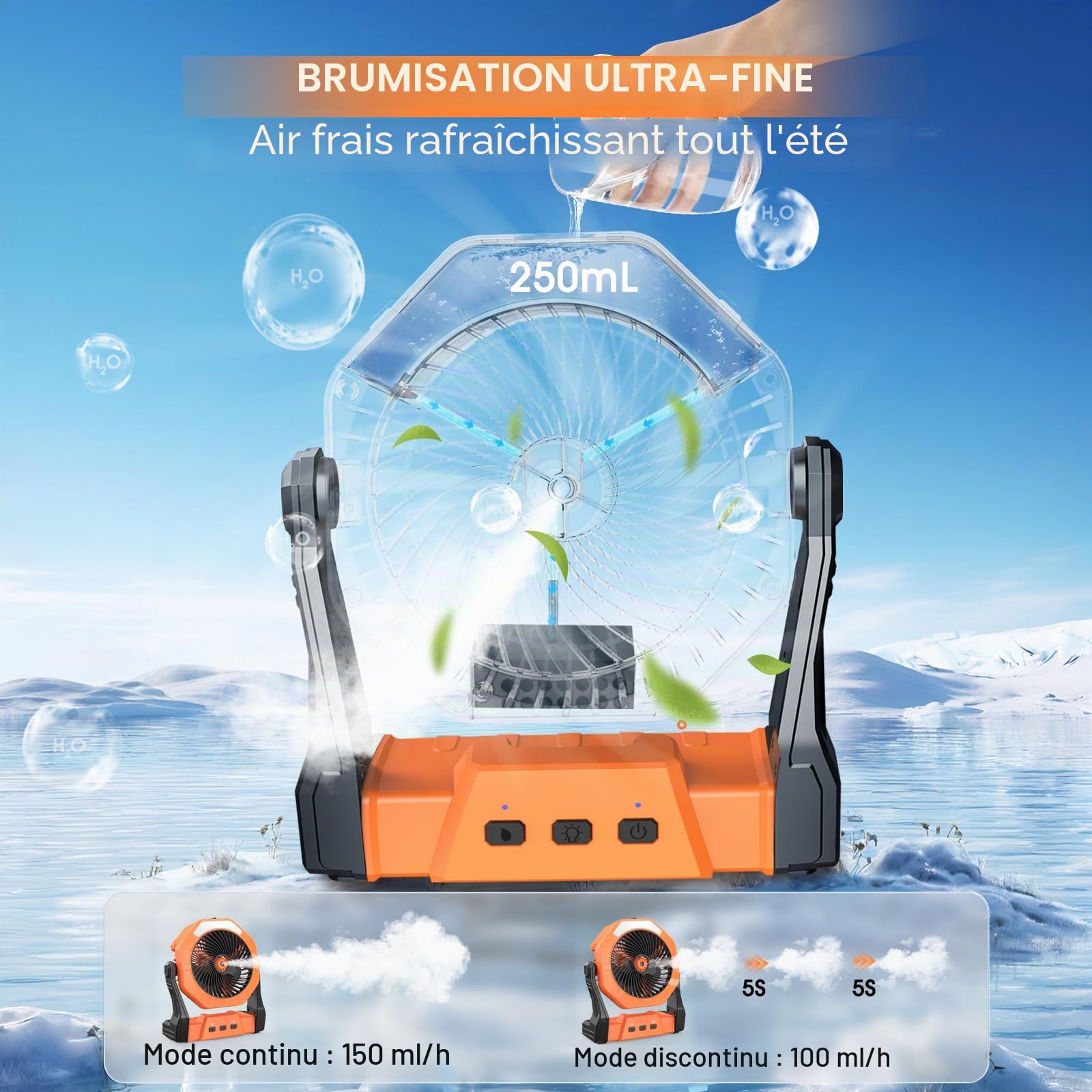 Ausic Ventilateur brumisateur portable pour refroidissement extérieur, [24 à 90 heures] Ventilateurs de brume à piles avec brumisateurs d'eau et lanterne LED, réservoir de 20,3 cm, réservoir de 250 ml