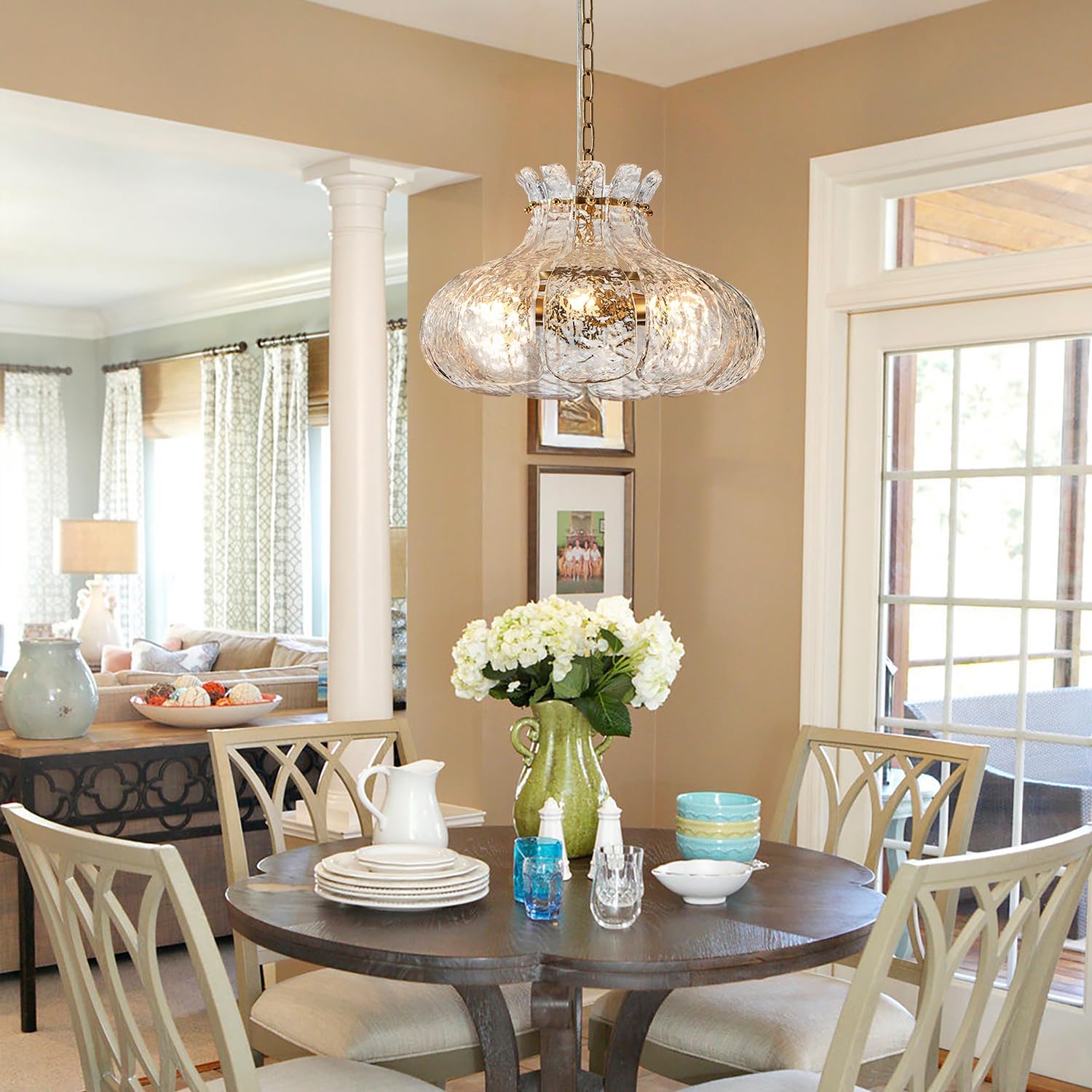 6-Light Modern Glass Chandelier 15.7" Luxury Water Ripple Glass Pendant Chandelier Gold Hanging Lighting for Dining Room,Living Room,Kitchen,Entryway,Hallway,Bedroom,E12 Base