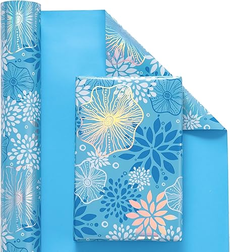 Vista 76 de WRAPAHOLIC Papel de regalo reversible, mini rollo, 17 pulgadas x 33 pies, adorable diseño de gato y azul sólido para cumpleaños, vacaciones