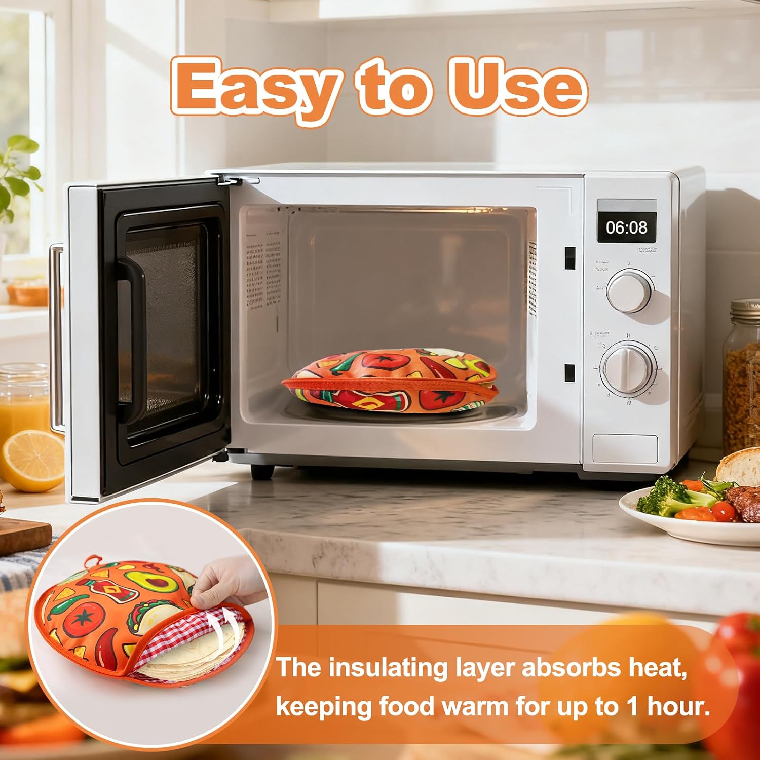 Tortillas Warmer Pouch 12 Inch, Insulated & Microwaveable Fabric Tortilla Keeper, Cloth Holder Keeps Warm 1 Hour, Microwave Safe for Tortillas, Naan, Pizza, Taco (Orange)