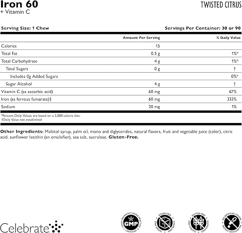 Miniatura 3 de Celebrate Vitamins Hierro bariátrico con vitamina C  60 mg de hierro suave masticable, sabor cítrico torcido, 30 unidades  Vitaminas bariátricas