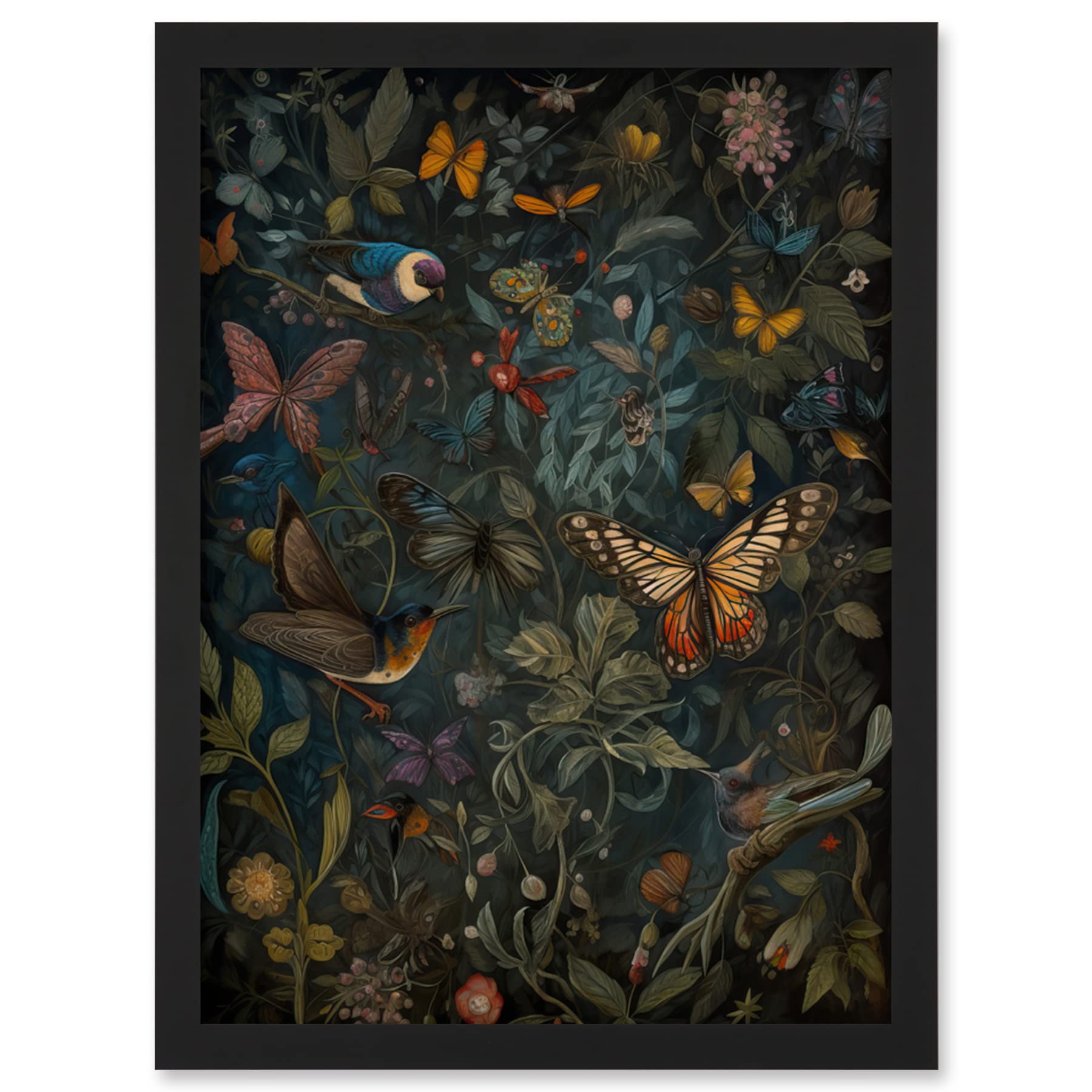 Artery8 William Morris Style Plants Birds and Butterflies Artwork Framed Wall Art Print A4