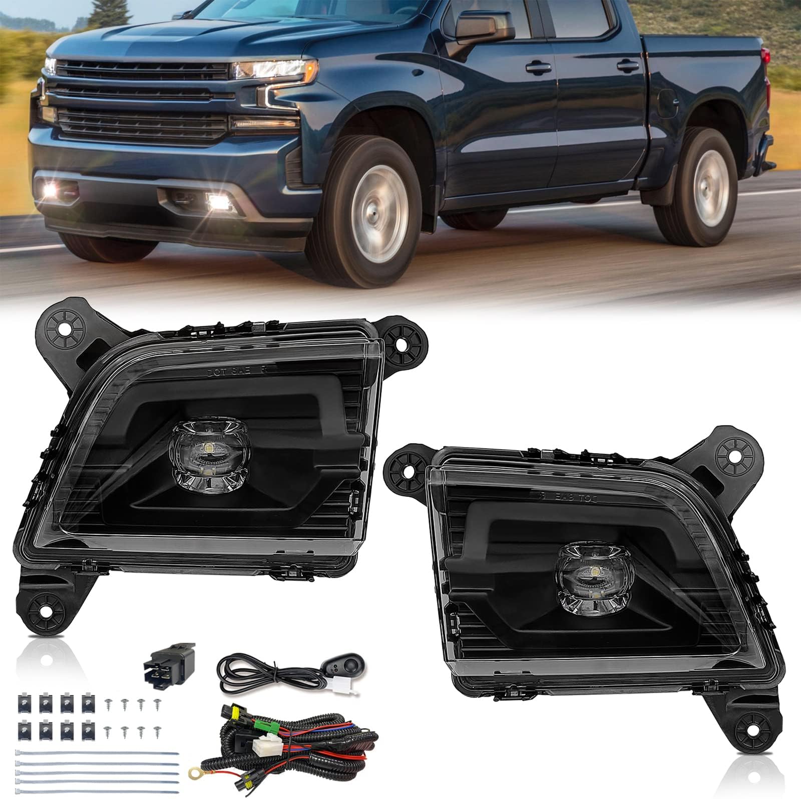 Boxlight LED Fog Lights Compatible with 2020 2019 2021 2022 2023 Chevrolet Silverado 1500 2500HD 3500HD, Chevy Front Bumper Driving Fog Lights with Switch and Wiring Set (Clear Lens)