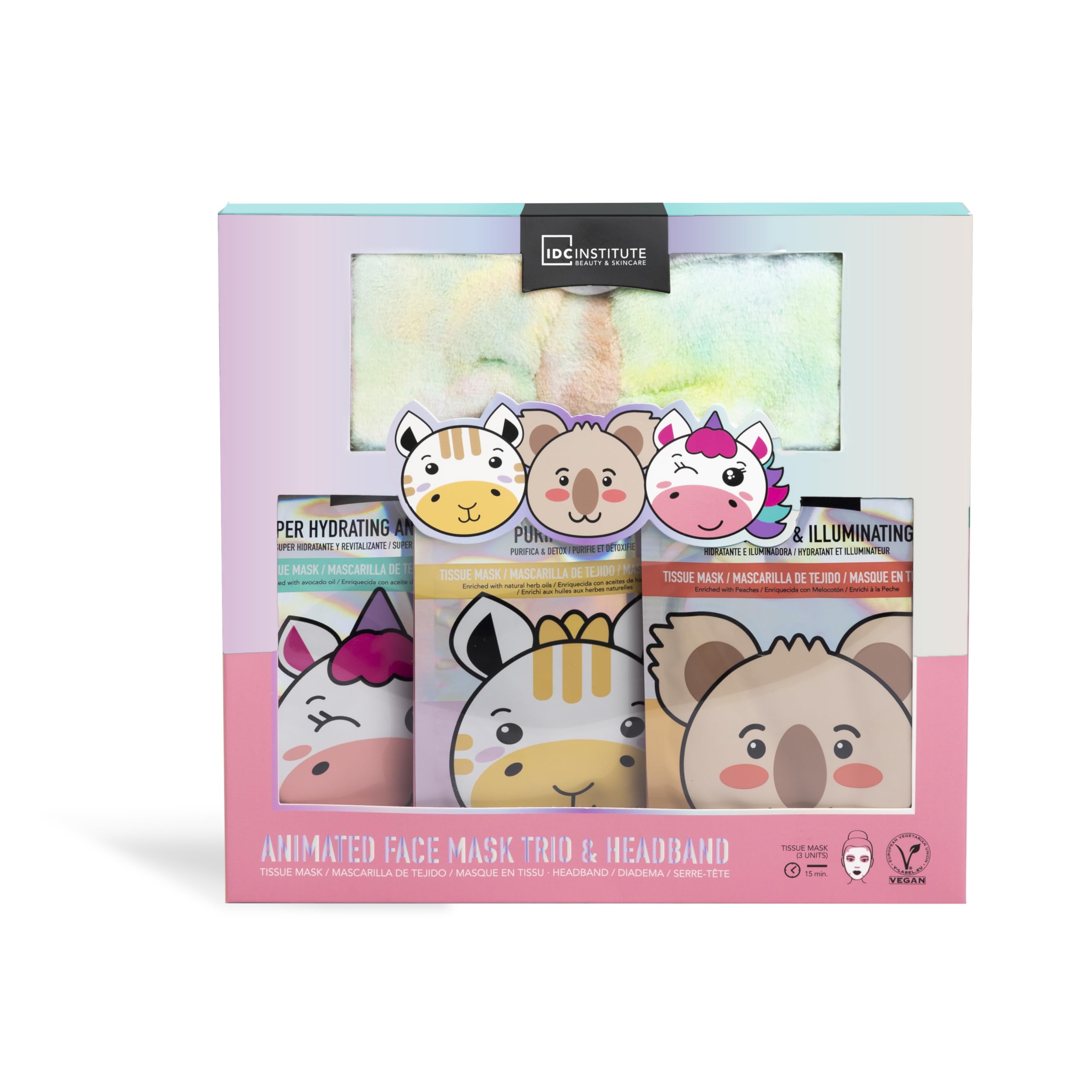 IDC INSTITUTE - Beauty Set - Set of 3 Fabric Face Masks & Sponge Headband - Animal Face Masks - Relaxation Spa Set - Gift Box Girl - Women's Gift