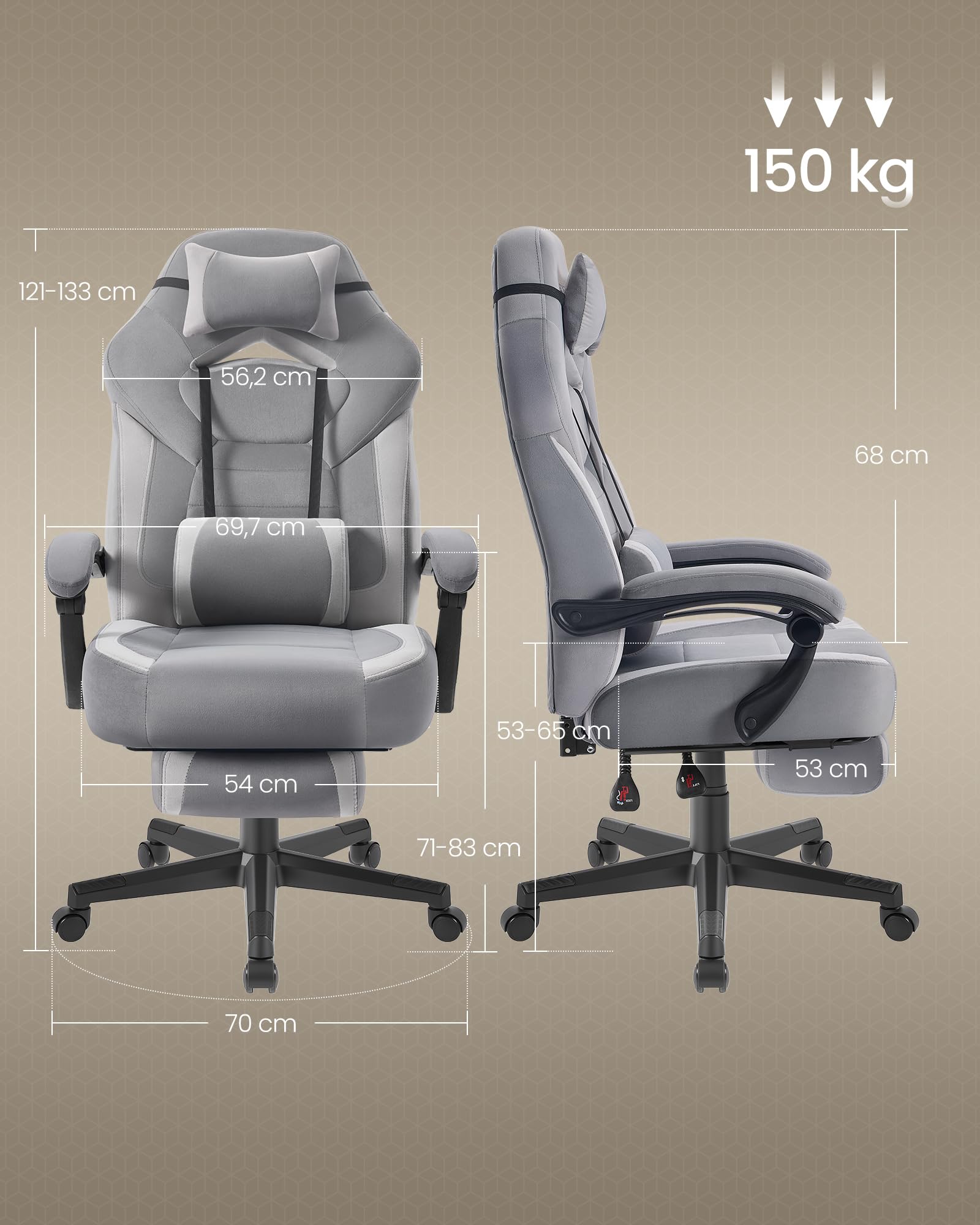 SONGMICS Fotel gamingowy, krzesło biurowe, krzesło komputerowe, ergonomiczny design, z podnóżkiem, regulowanym zagłówkiem, poduszką lędźwiową, nośność 150 kg, kolor łupkowo-gołębi OBG077G02