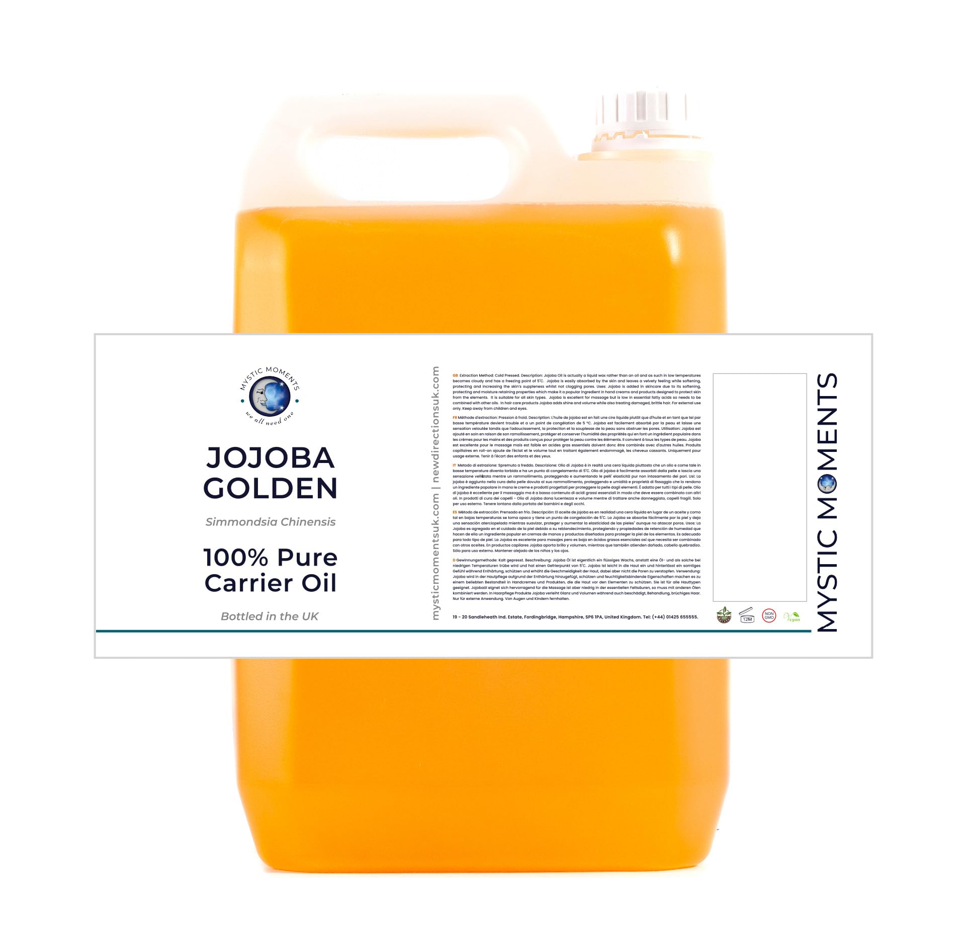 Mystic Moments| Jojoba Golden Carrier Oil 5 Litres | Organic Simmondsia Chinensis | Deep Moisture Skin Nourishment | Natural Hair & Beard Conditioning Treatment