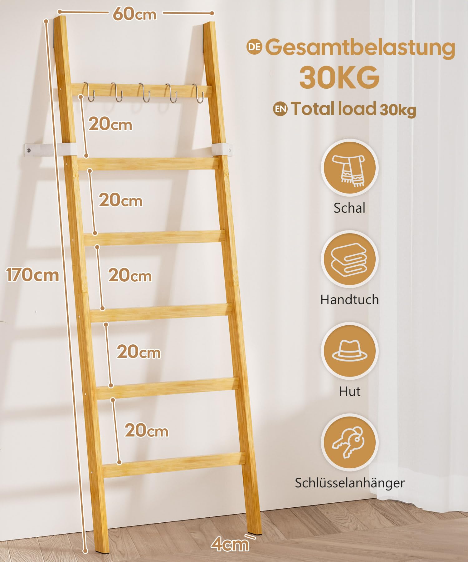 Yorbay Handdoekladder van Bamboe Handdoeken Ladder 6 sporten Kledingladder met 2 Valveiligheidsriemen en 4 Haken Handdoekhouder Ladder voor