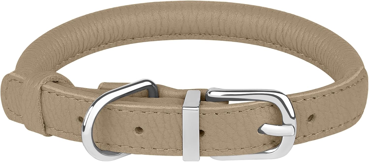 OOPSDOGGY Rolled Leather Dog Collar Soft Roll Collars for Small Medium Large Dogs Puppy (Beige, XXL, 20"-24")