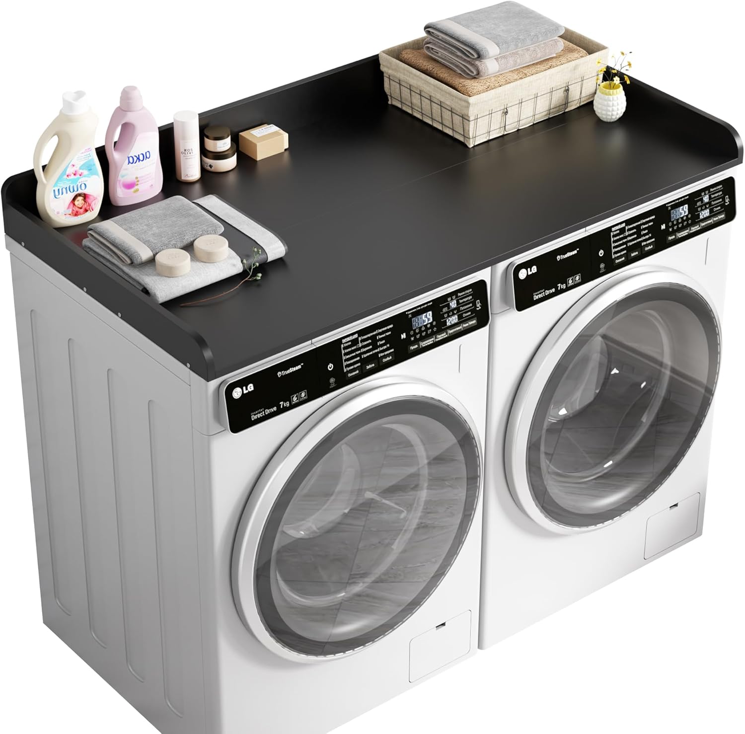 DTK Washer Dryer Countertop, Wood Topper with Edge Rails, Washer and Dryer Countertop with Anti-Slip Strips, 54" Width x 27.5" Depth Cover for Laundry Room Organization and Storage, Black