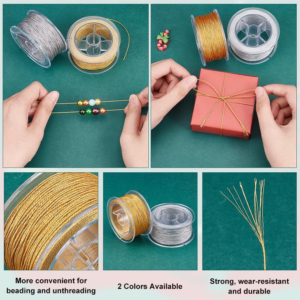 PH PandaHall 108 Yards Metallic Cord Gold Silver Nylon Thread 0.8mm String Braided Beading Cords Tinsel Cord for Gift Wrap Tree Ornaments Hanging Jewelry Beaded Bracelet Making