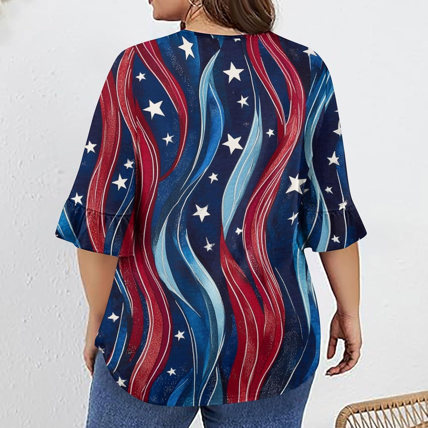 Women's Plus Size American Flag Shirt, 4Th of July T-Shirts, 3/4 Sleeve V-Neck Patriotic Tops, XL-5XL