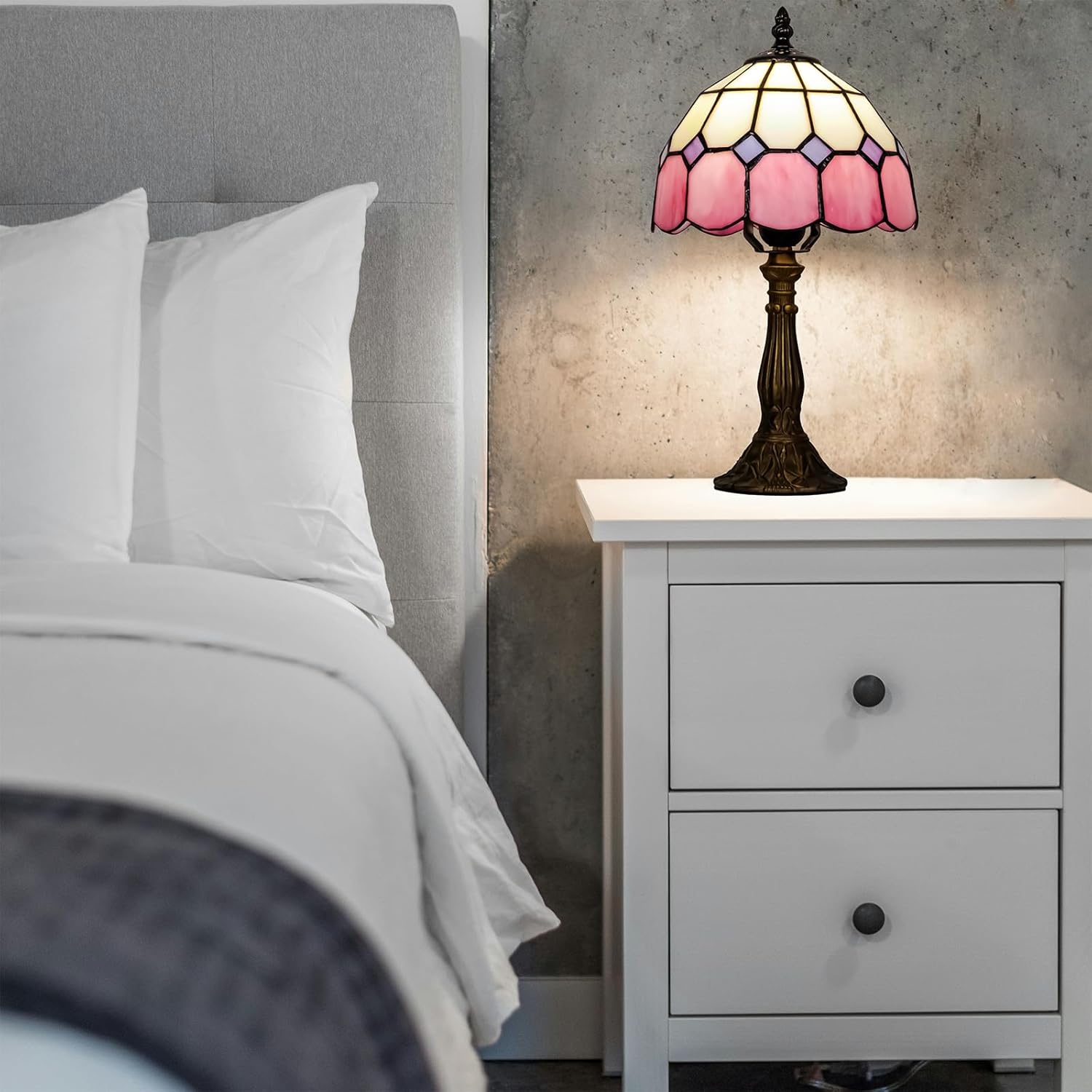 Skyblaze Tiffany Style Table Lamp, Stained Glass Desk Lamp, Vintage Night Light, 8 Inch Reading Light with Handmade Lampshade for Small Bedside Table Bedroom Living Room (Pink)