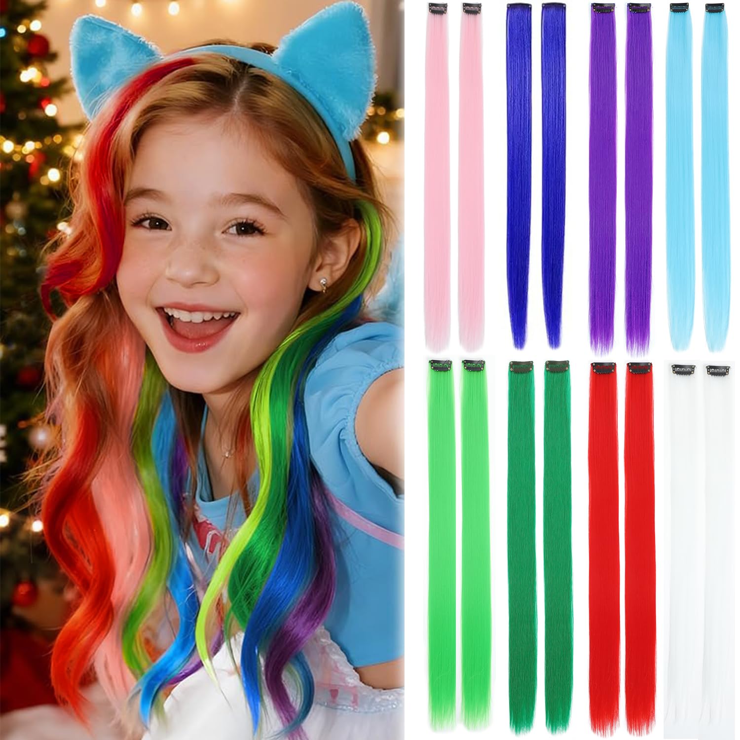 Purple Clip In Hair Extensions - 16 PCS 22 Inch Straight Colored Hair Extensions for Women & Girls | Synthetic Hair Accessories for Halloween, Christmas, Birthday Party & Cosplay