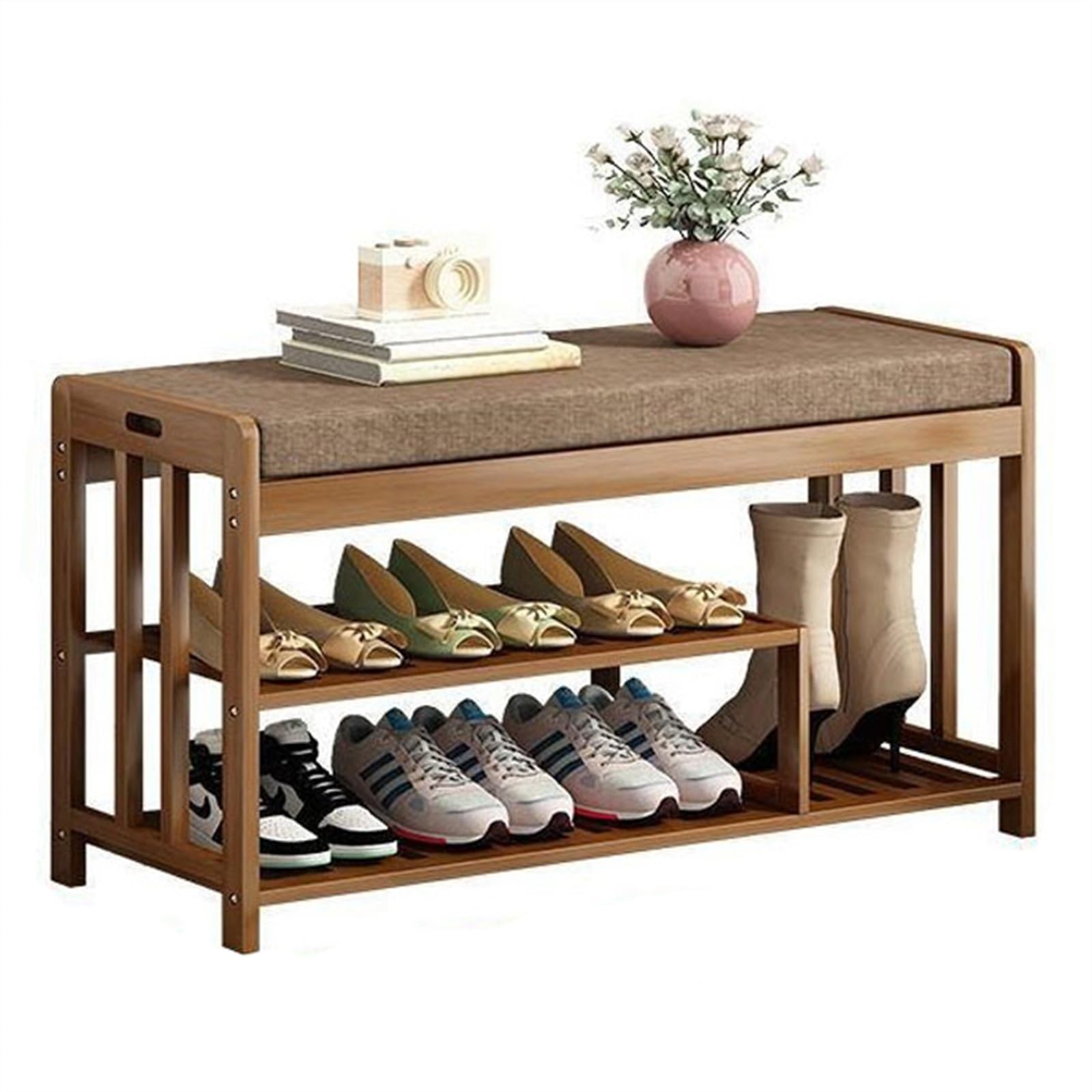 Banc étagère à chaussures en bambou avec assise en lin pour optimiser votre rangement