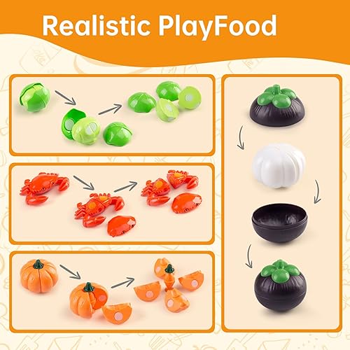 Miniatura 7 de 240 piezas de accesorios de cocina para niños, sartenes de juego, ollas, utensilios de cocina con postres, verduras cortables y juego de barbacoa y