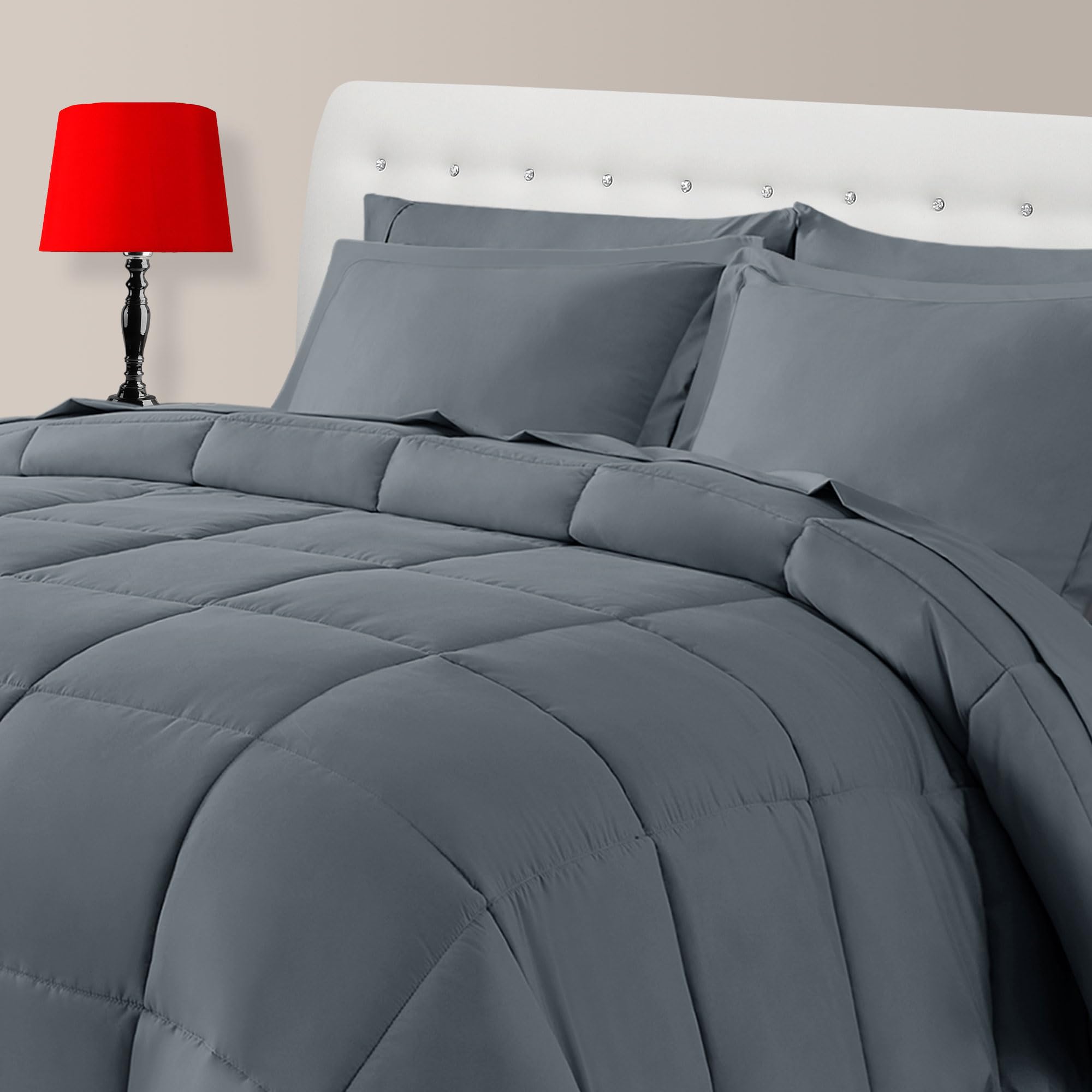 Ihanherry Grey Full Comforter Set 8 Pieces, All Season Bed in a Bag, Comfortable Full Size Bedding Sets with 1 Bed Skirt, 1 Fitted Sheet, 1 Flat Sheet, 1 Comforter, 2 Pillowcases, 2 Pillow Shams