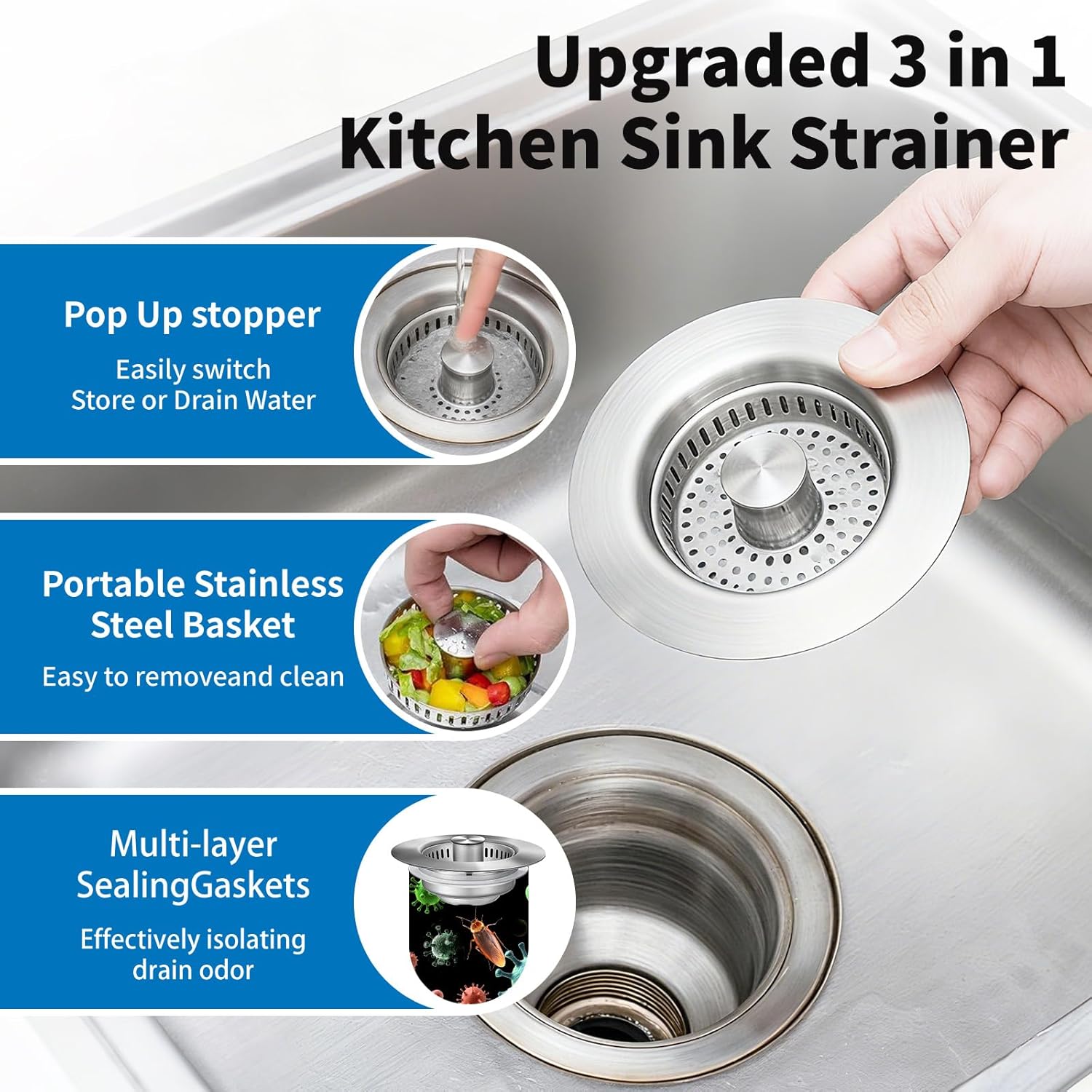 3-in-1 Kitchen Sink Drain Strainer : Pop Up Sink Stopper, 304 Stainless Steel Sink Drain Strainer, Kitchen Sink Stopper with Anti-Clogging Design, Kitchen Sink Strainer Fits US Standard 3-1/2'' Drains