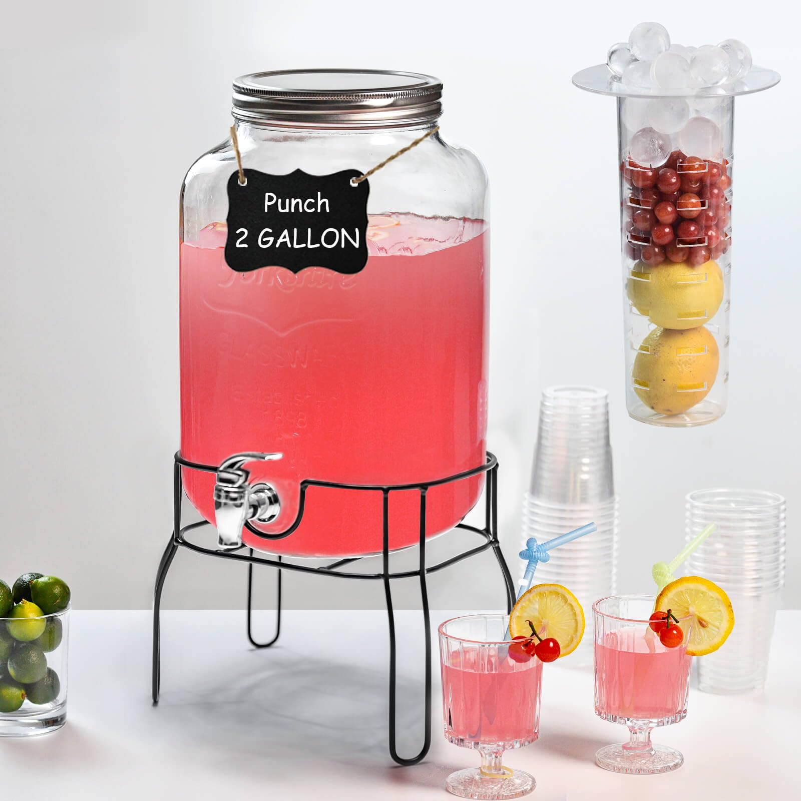 Set Di 2 Dispenser Per Bevande In Vetro Da 1 Gallone - Con Infusore Frutta, Ideale Per Feste, Picnic E Anche Come Dispenser Detersivo