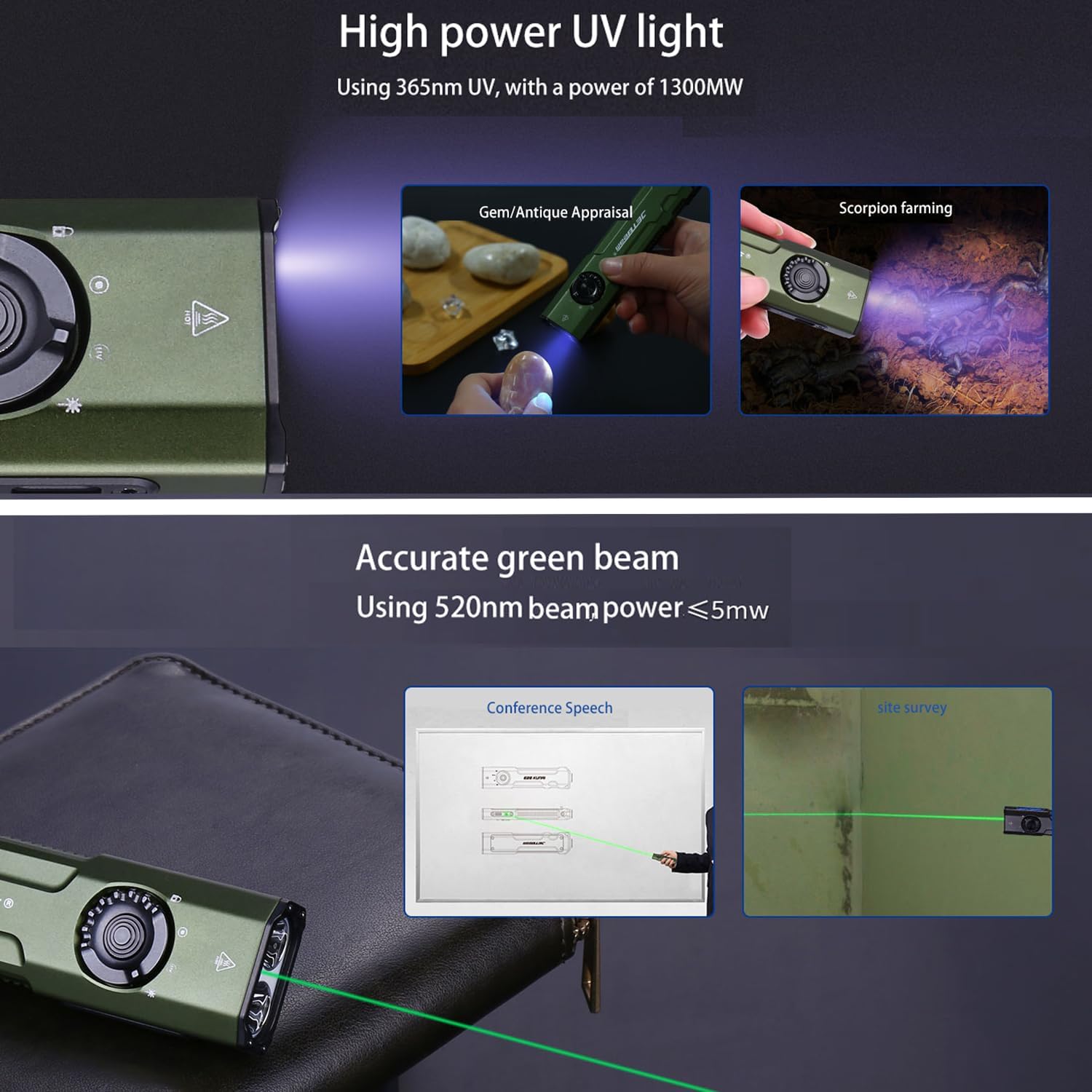 Applications of high power UV light and accurate green beam