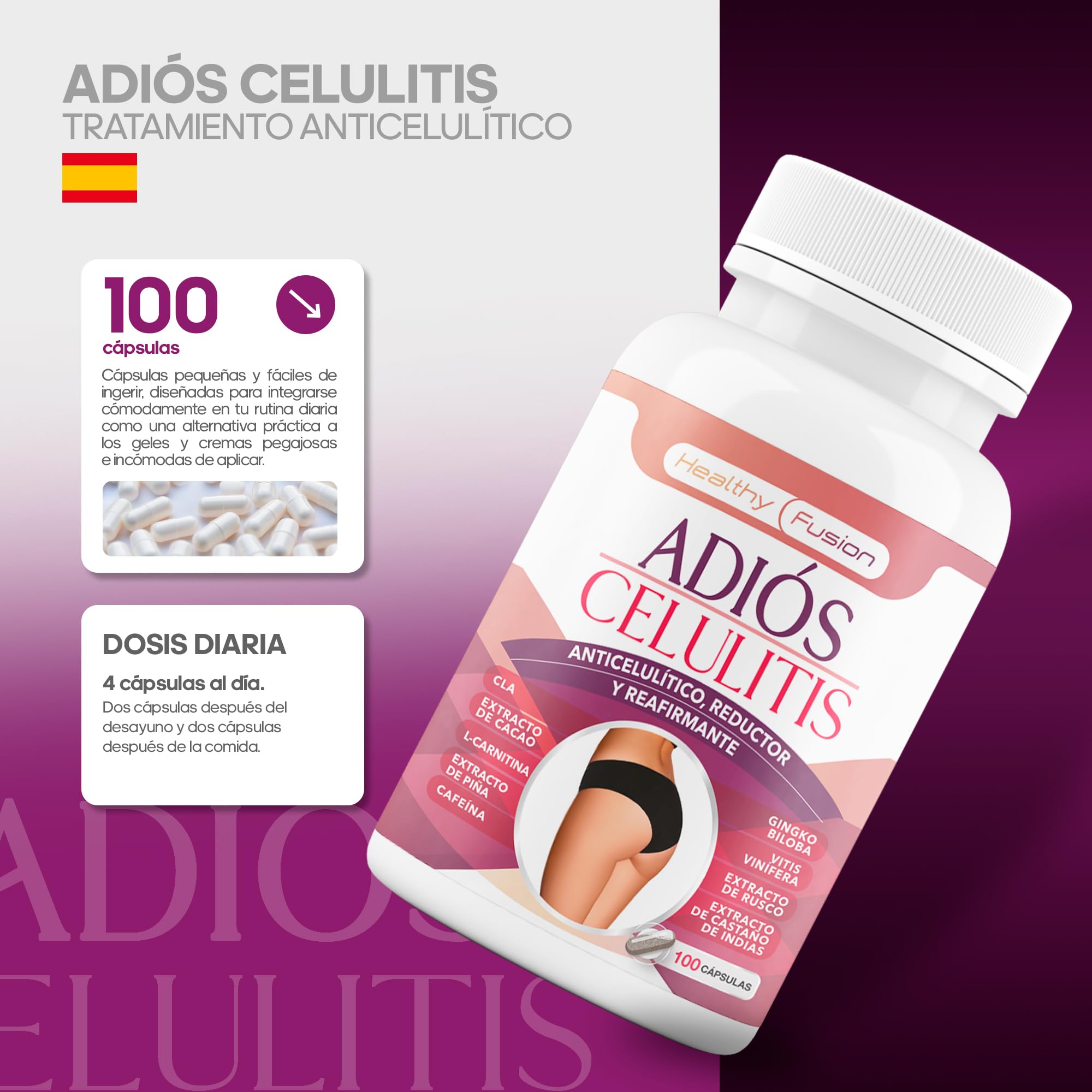 Adiós Celulitis Healthy Fusion | Anticelulítico Reductor Potente con L-Carnitina, Castaño de Indias, CLA, Cafeína, Cacao | Elimina celulitis y piel de naranja | Reafirma y tonifica la piel | 100 Caps