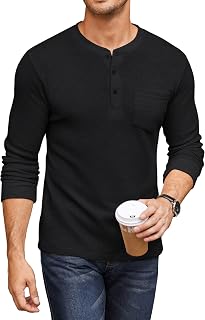 Men's Henley Shirts Long Sleeve Basic Waffle Pique Pullover T-Shirt with Pocket
