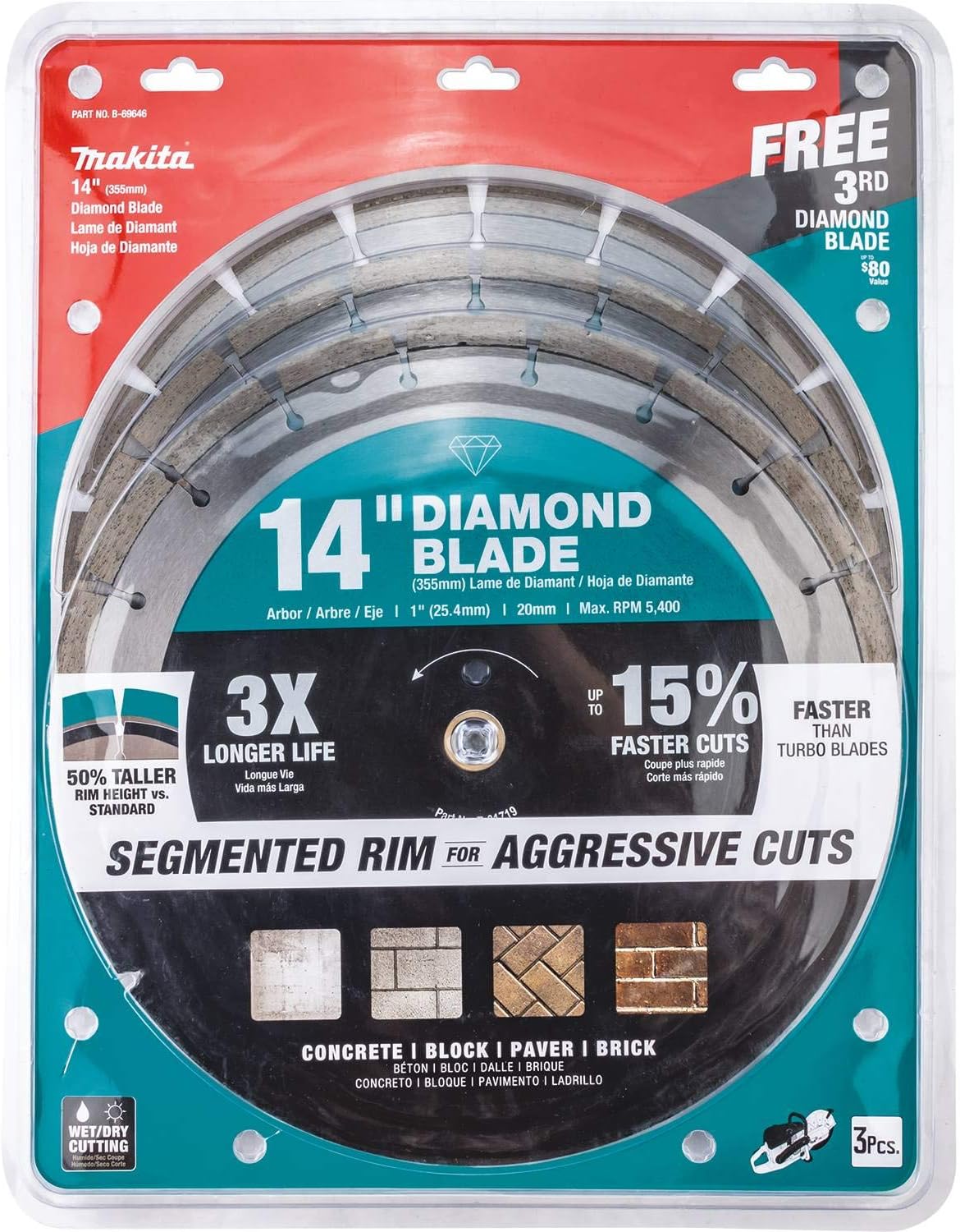 Makita B-69646 14" Diamond Blade, Segmented, General Purpose, Contractor 3/Pk