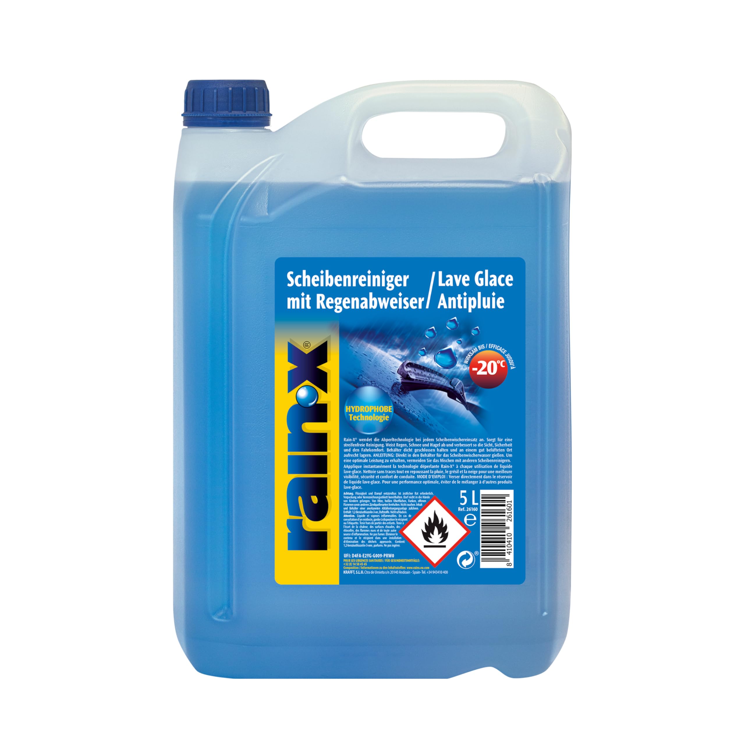 Rain-X Scheibenreiniger mit Regenabweiser - Frostschutz bis -20°C - Hydrophobe Technologie für klare Sicht - Entfernt Insekten und Schlamm - Gebrauchsfertig - 5L