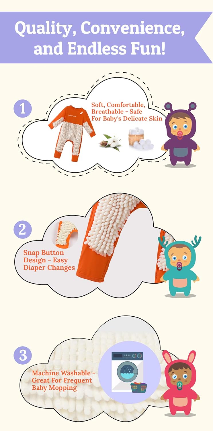 Cute Baby Mop Onesie, Funny Long Sleeve Romper, Perfect for a Crawling Baby