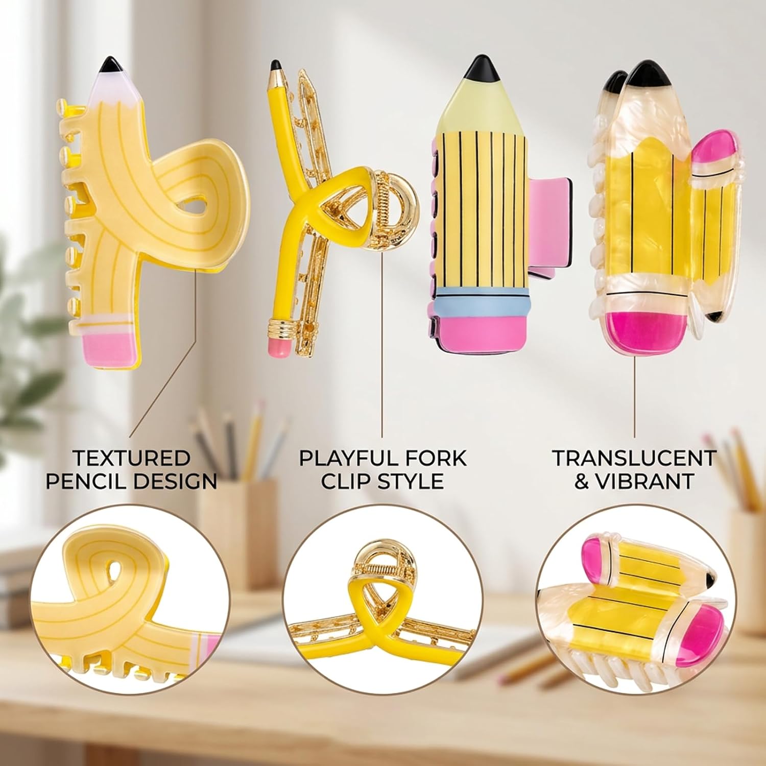 4PCS Pencil Hair Clip Set,Teacher Claw Clips for School and Classroom Use, Fun and Functional School Supplies,Cute Funny Barrettes for Women Appreciation Gift