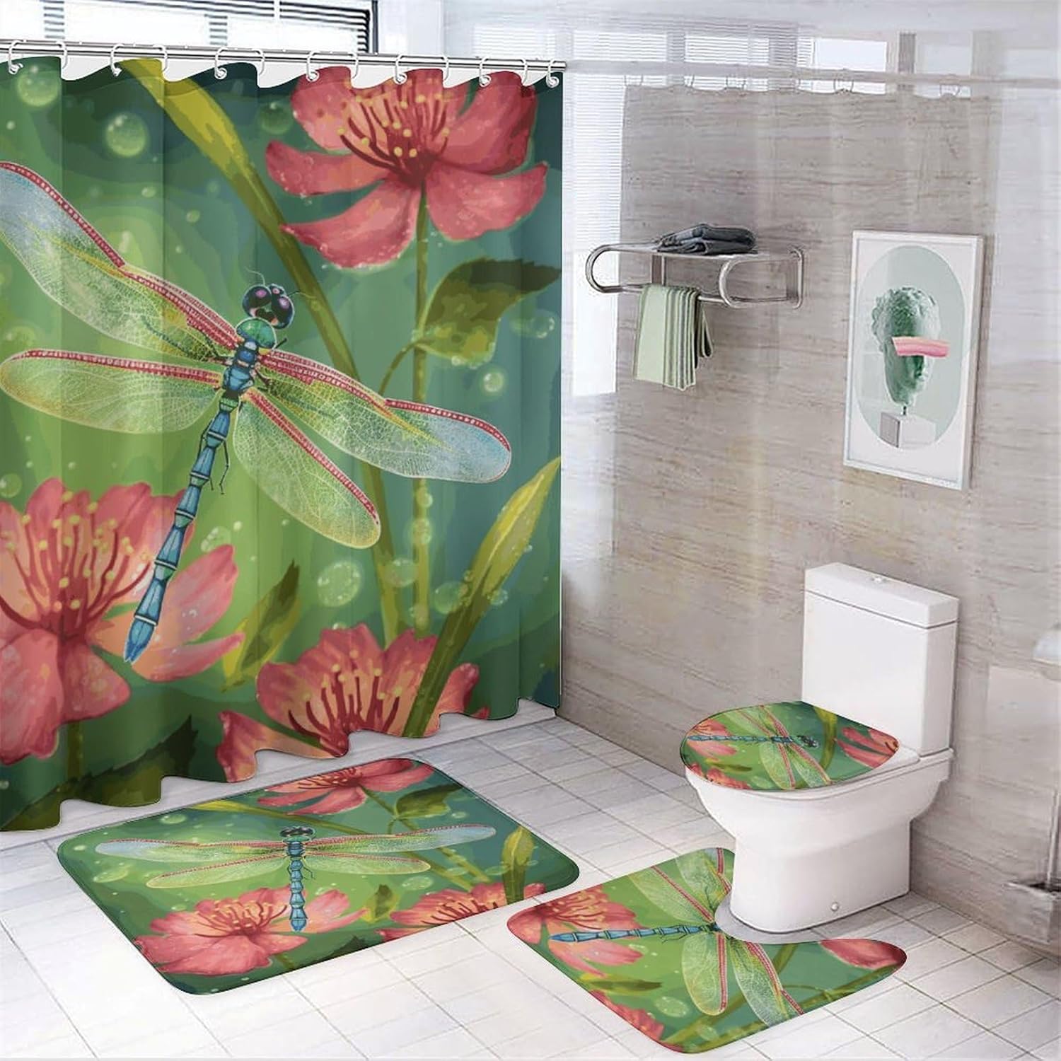 Dragonflies and Flowers 4Pcs Shower Curtain Set with Non-Slip Rugs, Toilet Lid Cover and Bath Mat,Bathroom Set Decor Accessories,Curtain Set with 12 Hooks, 72 X 72 Inch