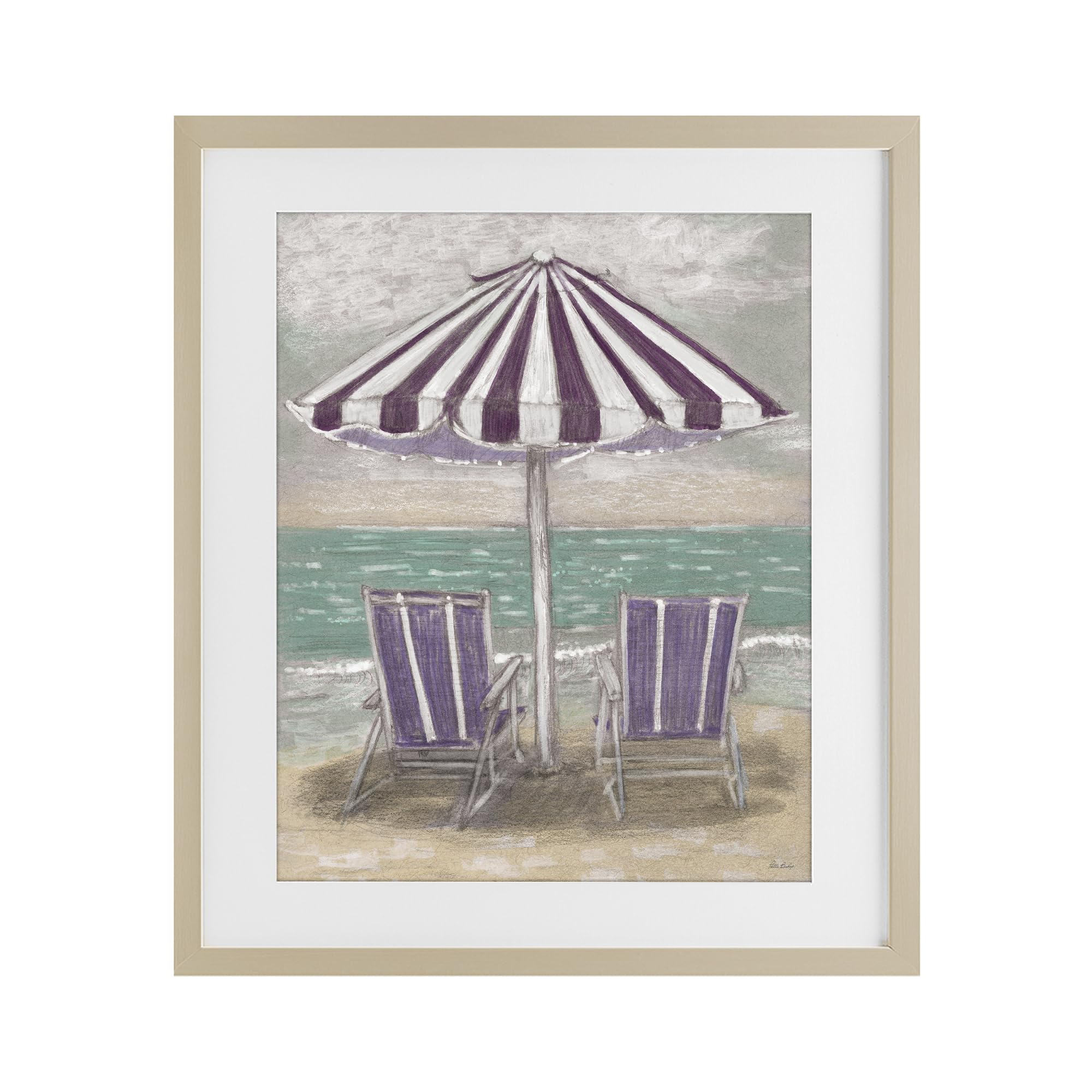 Stupell Industries Harvest Pine (Textured) 'Umbrella & Chairs On Beach'| Framed Print Under Glass