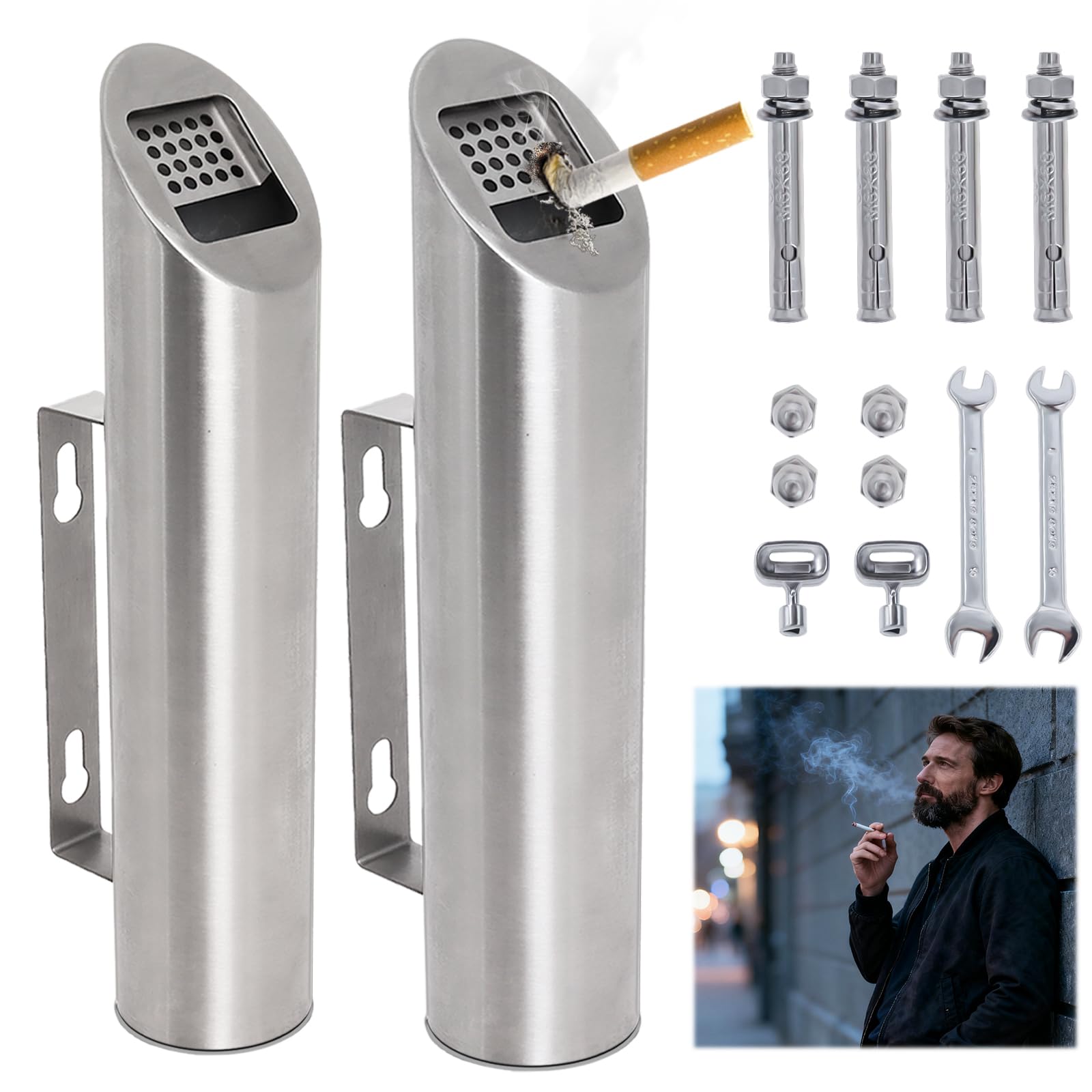 Posacenere da Parete in Acciaio Inox 2 Pezzi, Cenereio Rotondo da Esterno di Facile Pulizia, Ideale per Balcone, Giardino, Hotel, Ufficio, Ristorante (Argento)