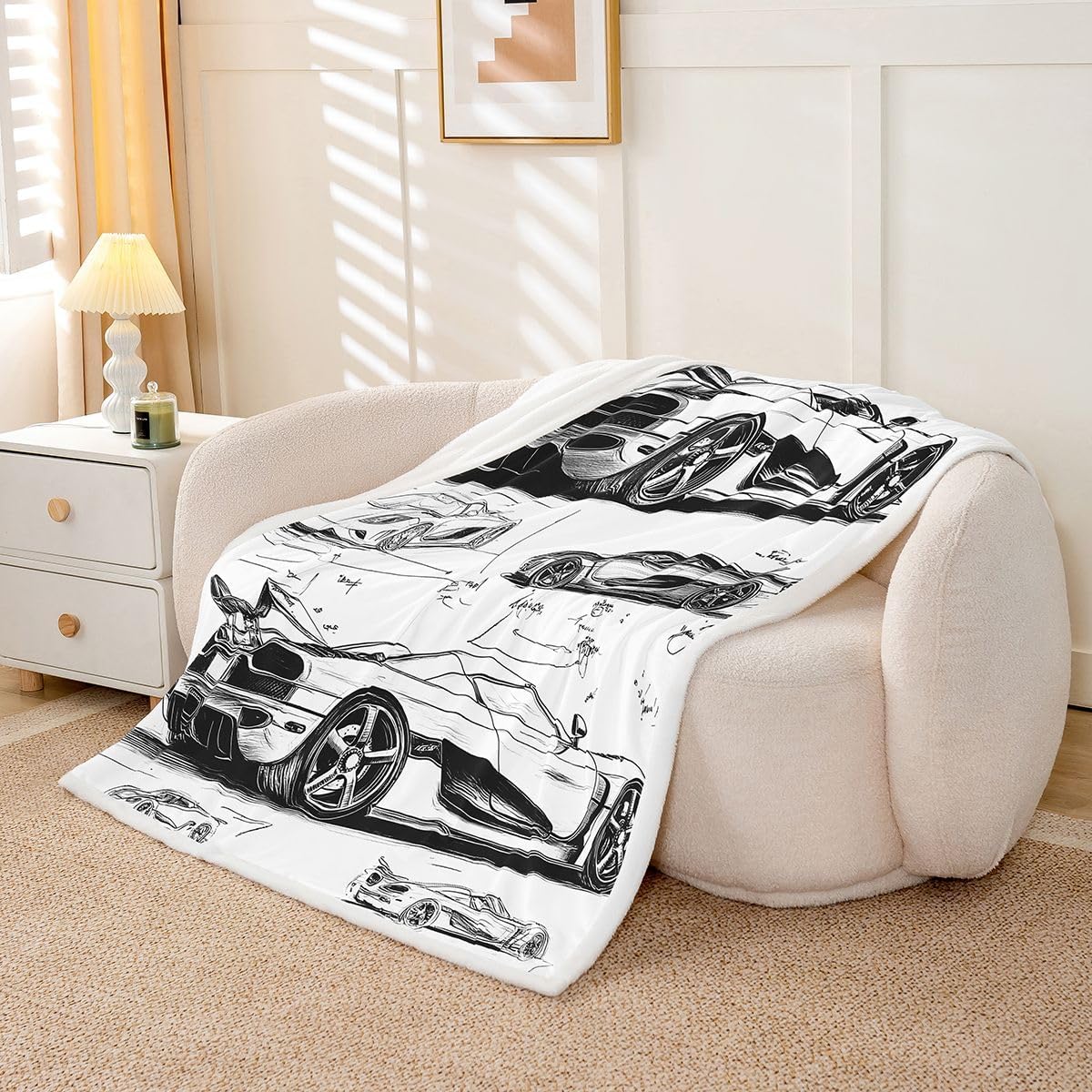 Feelyou Black White Race Car Fleece Throw Blanket Extreme Sports Sherpa Blanket for Kids Women Men Plush Fuzzy Speed Sports Car Twin 60"x80" for Bed Couch Chair Living Room Bedroom Decor image 2