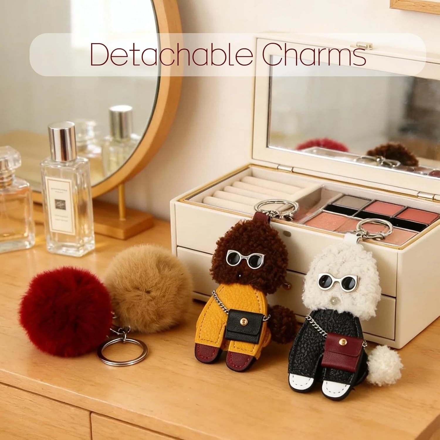 Teddy Dog Keychain with Pom Pom - Leather Plush Bag Charms Keyring Pendant for Handbags Backpacks Car Keys - Image 2