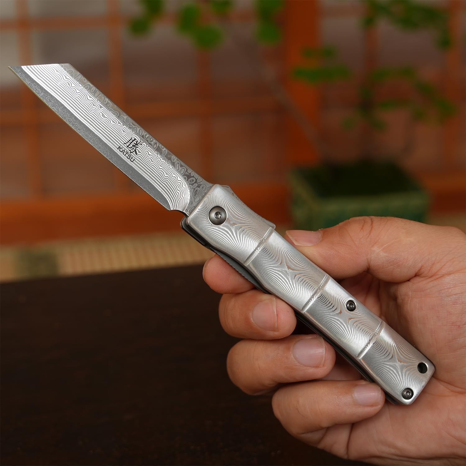 KATSU Handmade Full Damascus Pocket Knife,3" Damascus Blade Bamboo Style Men Women Folding Knife with Clip Linner Lock, Japanese Razor Work Knife with Leather Sheath Camping Hiking