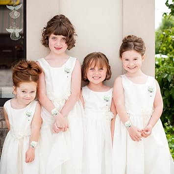 TSKDKIT 2PCS White Corsage for Wedding and Prom Rose Wrist Corsage Bracelet with Pearl Wrist Band, Ribbon Flower Wrist Corsages and Boutonnière Set for Men, Women, Girls, Bridal, Bridesmaid etc