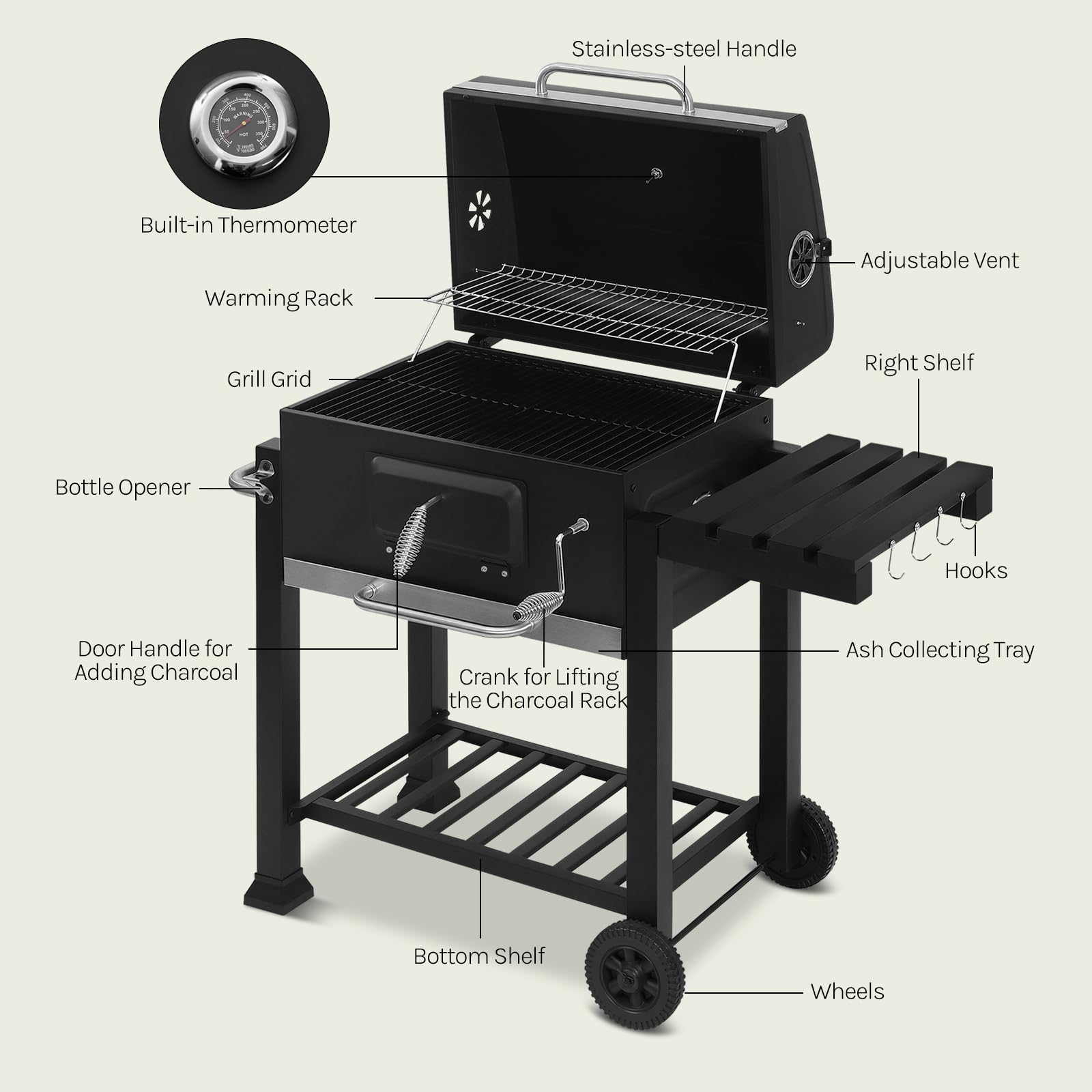WOLTU grill na węgiel drzewny z pokrywą, duża powierzchnia grilla, regulowana taca na węgiel, grill typu smoker, BBQ z rusztem grillowym, termometrem, wózek grillowy do kempingu, 117 x 107 x 71 cm